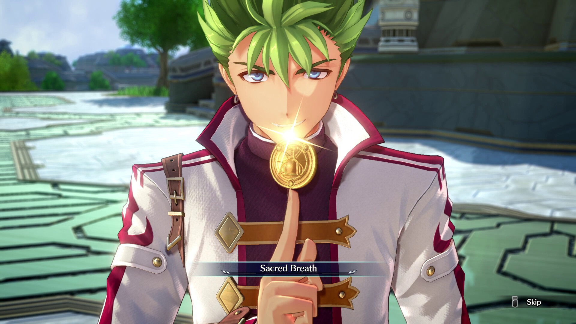 A green-haired character holds a glowing pendant with Sacred Breath displayed on screen.