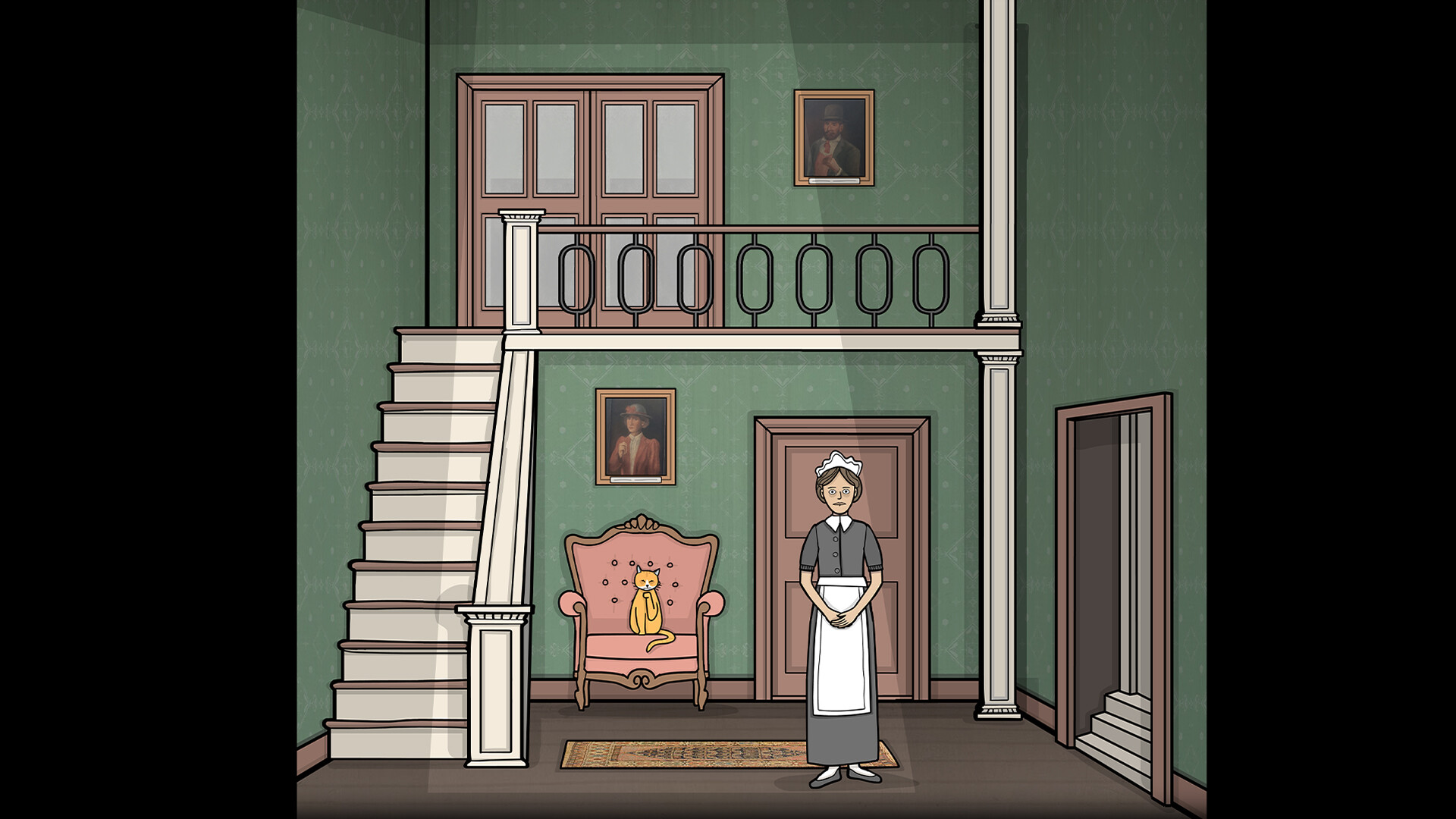 Official Servant of the Lake screenshot showing the servant inside the Vanderboom house during a puzzle sequence.