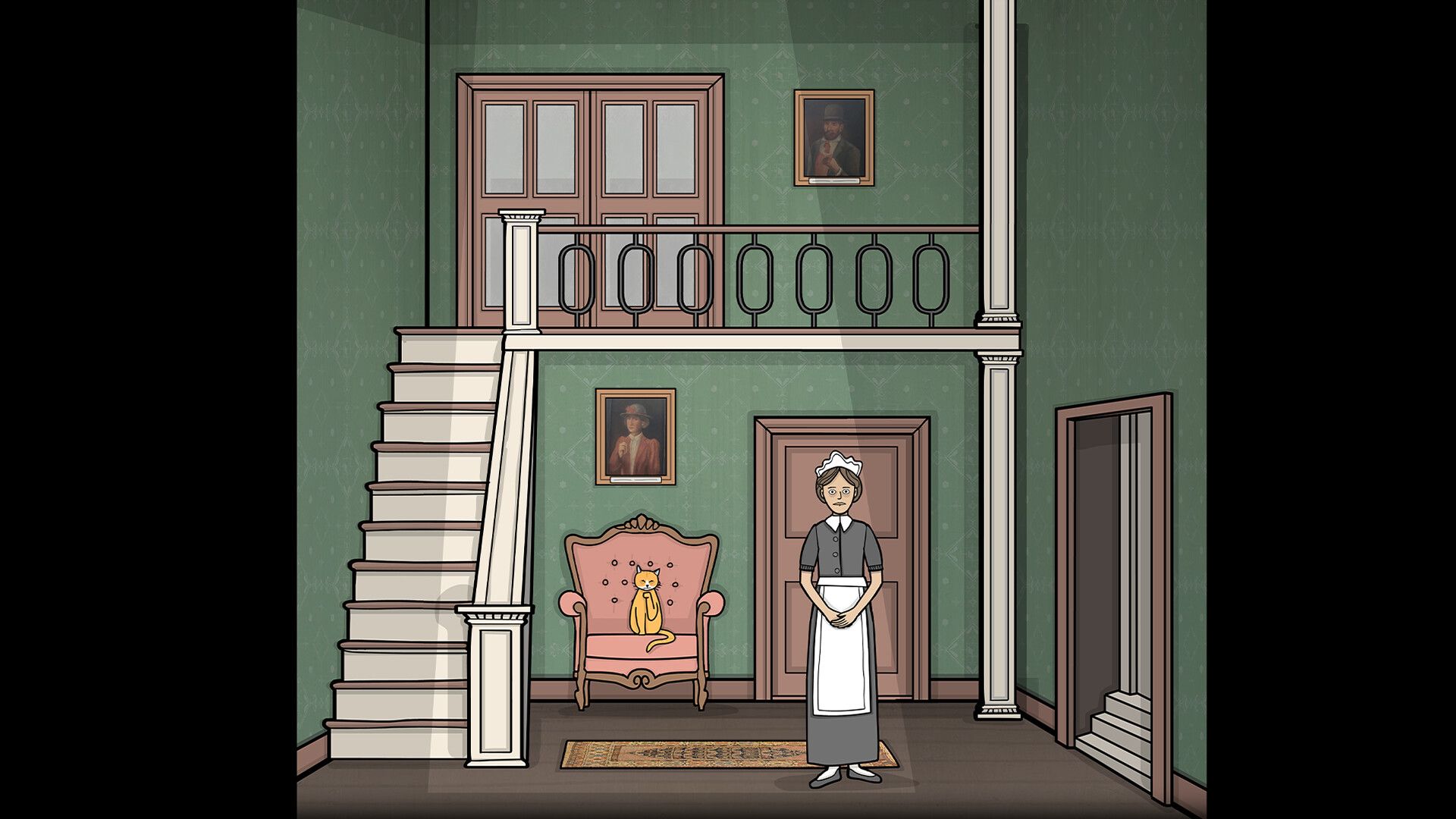 Official Servant of the Lake screenshot showing the servant inside the Vanderboom house during a puzzle sequence.