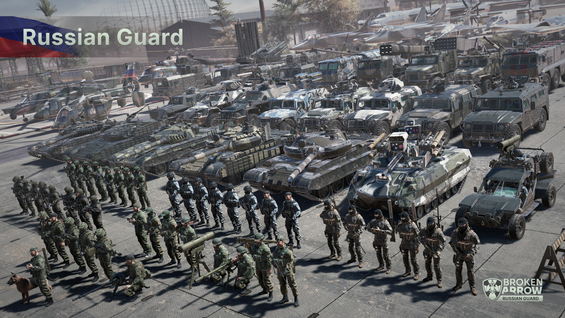 Official Broken Arrow: Russian Guard screenshot showing armored combat and explosions in a battlefield scene.