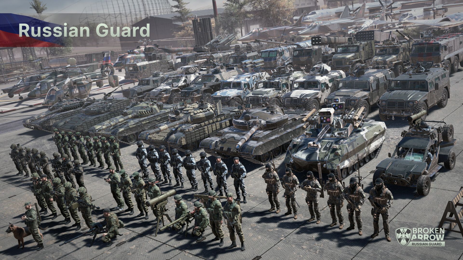 Official Broken Arrow: Russian Guard screenshot showing armored combat and explosions in a battlefield scene.