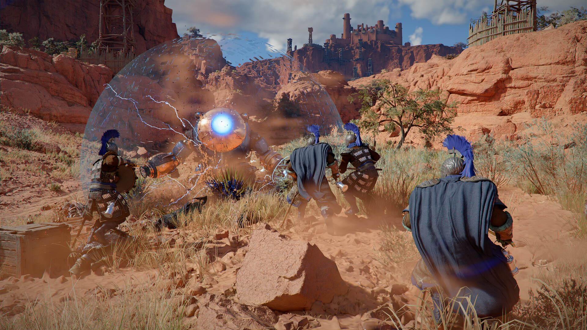 Official Crimson Desert screenshot showing Kliff and allies fighting a machine enemy in a desert fortress area.