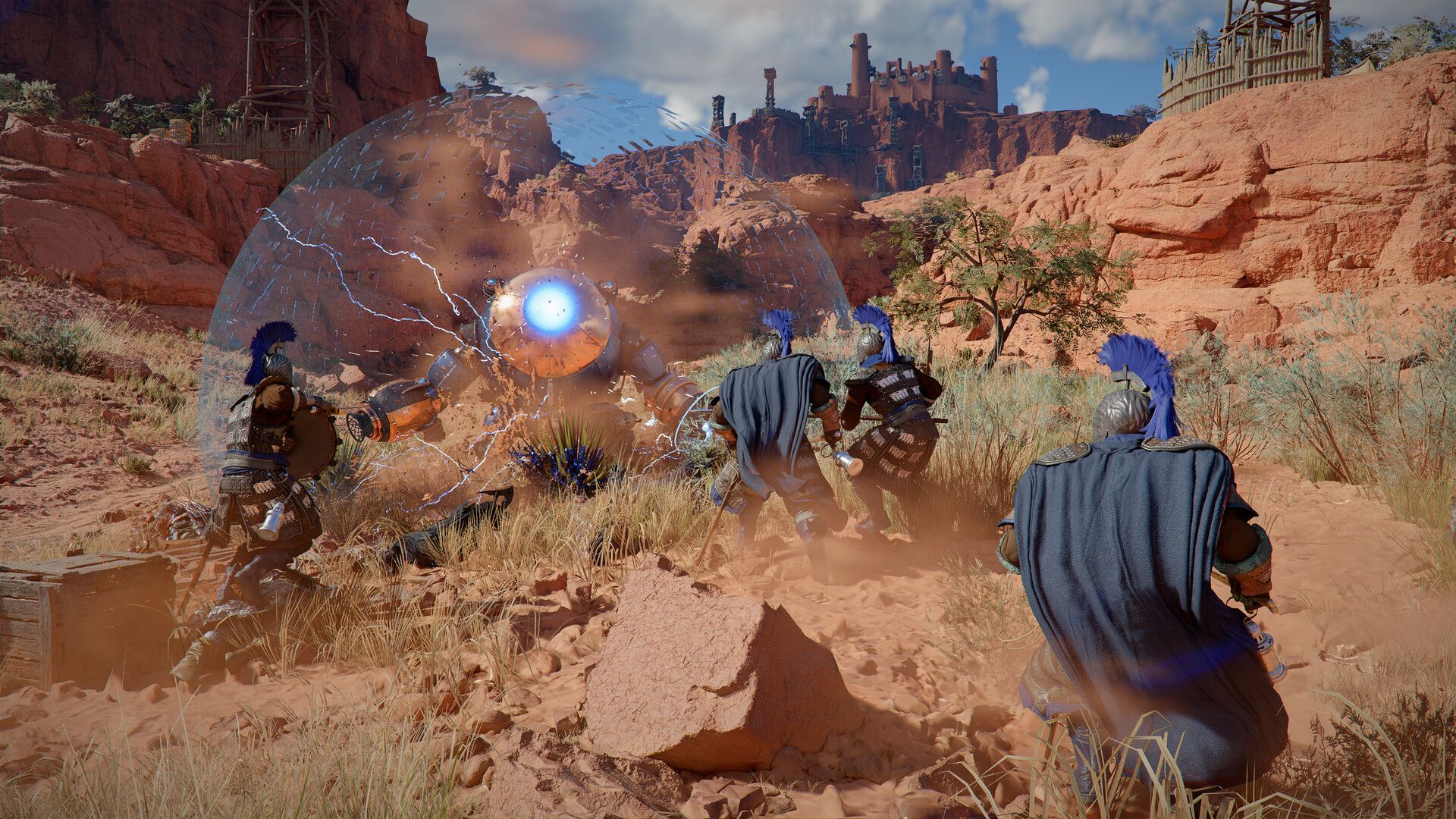 Official Crimson Desert screenshot showing Kliff and allies fighting a machine enemy in a desert fortress area.
