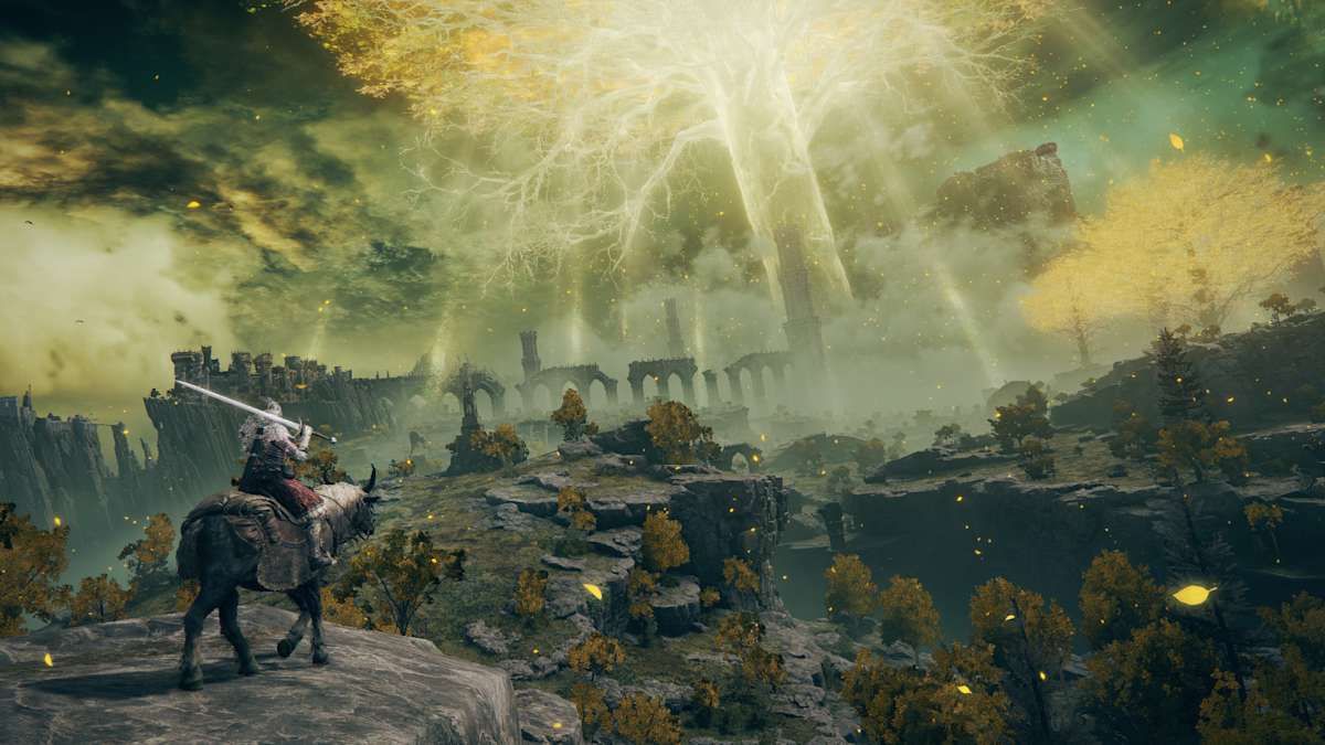 Official Nintendo screenshot from Elden Ring Tarnished Edition showing the player riding Torrent in a large open field.