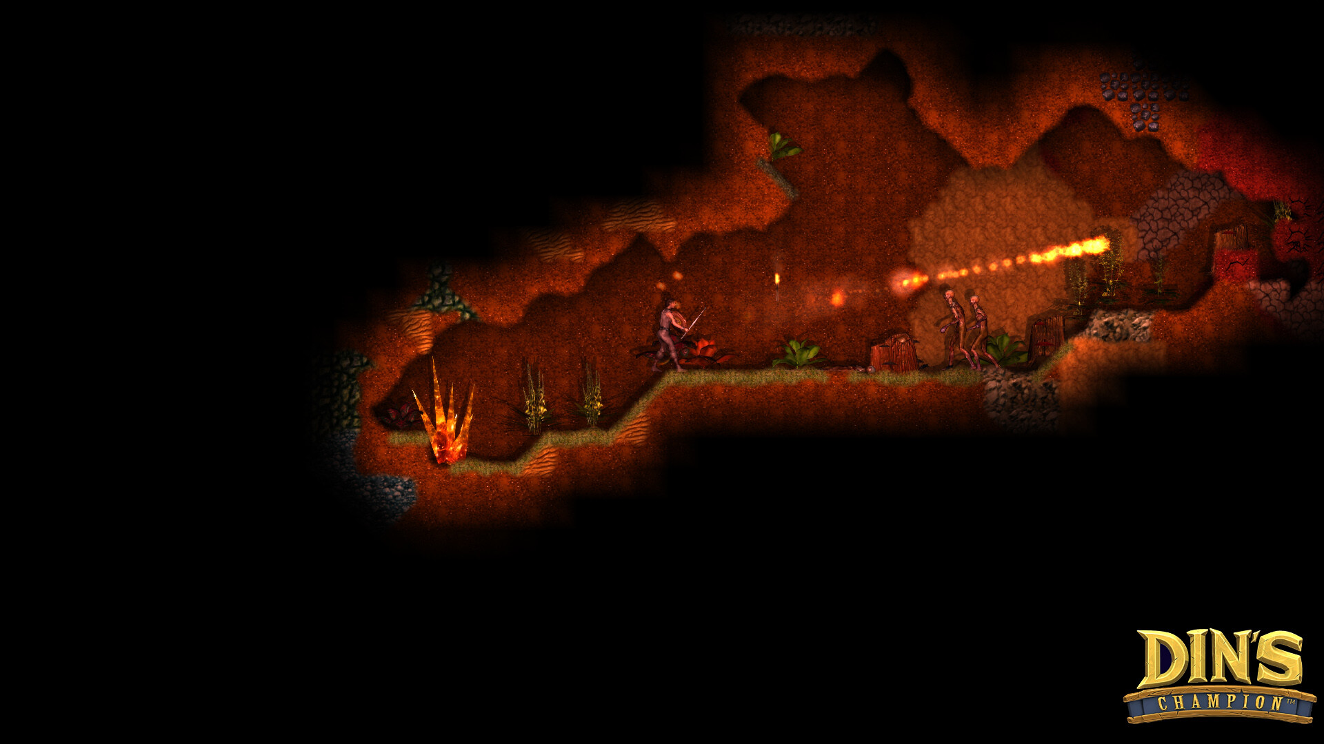 Official Din's Champion screenshot showing a side-scrolling combat scene inside a fiery cave with enemies and projectile attacks.