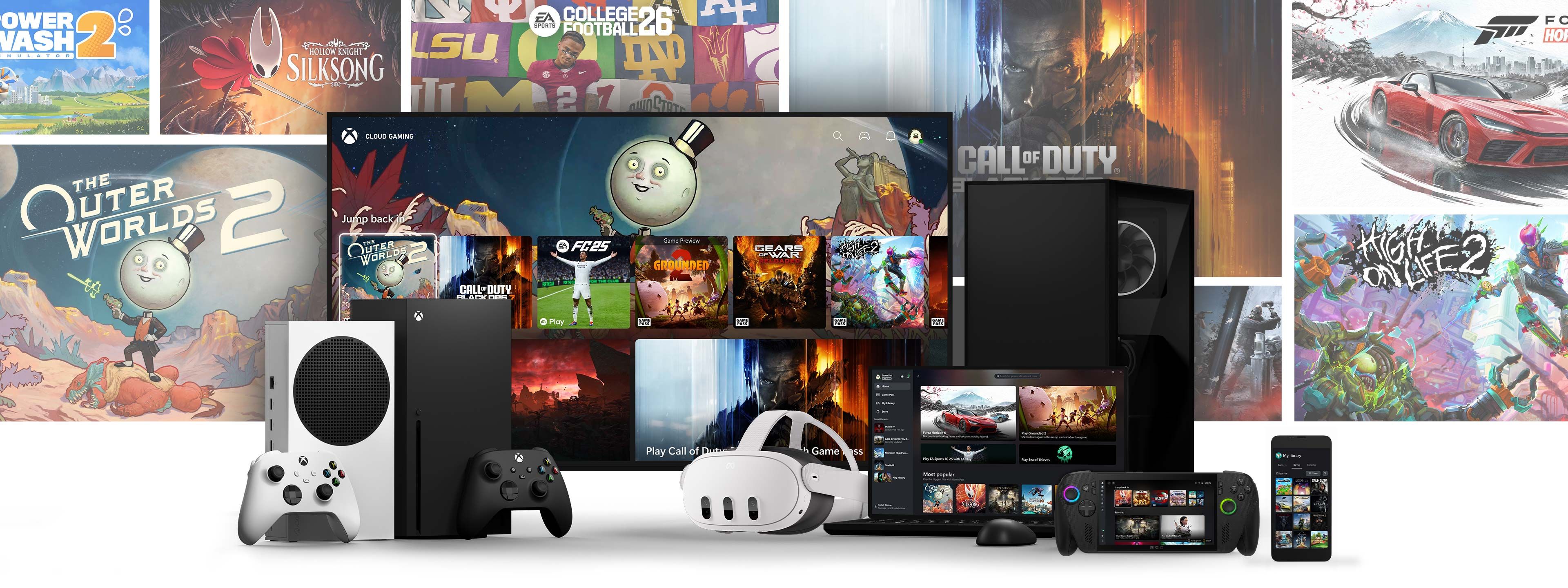 Official Xbox Game Pass image showing cloud play across multiple devices.