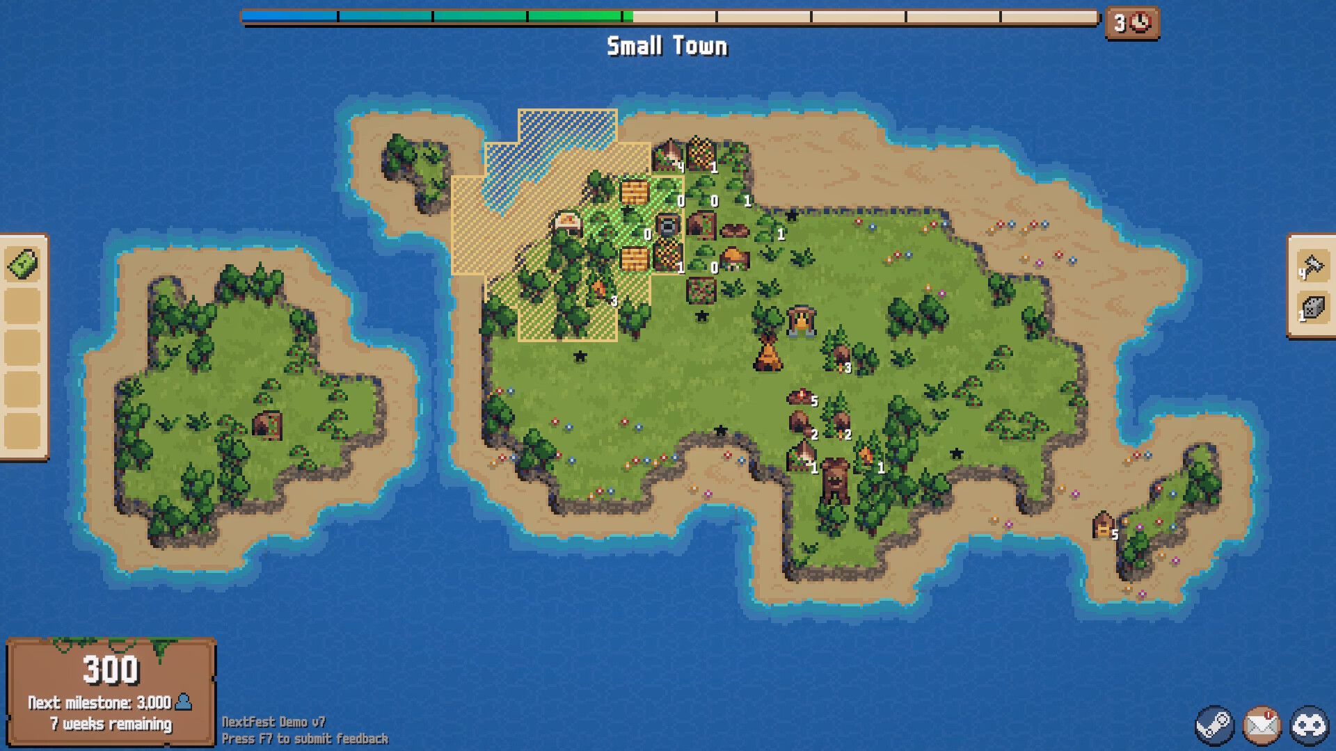 Official Combolands screenshot showing a compact island city with buildings, score markers, and card-driven combo UI.