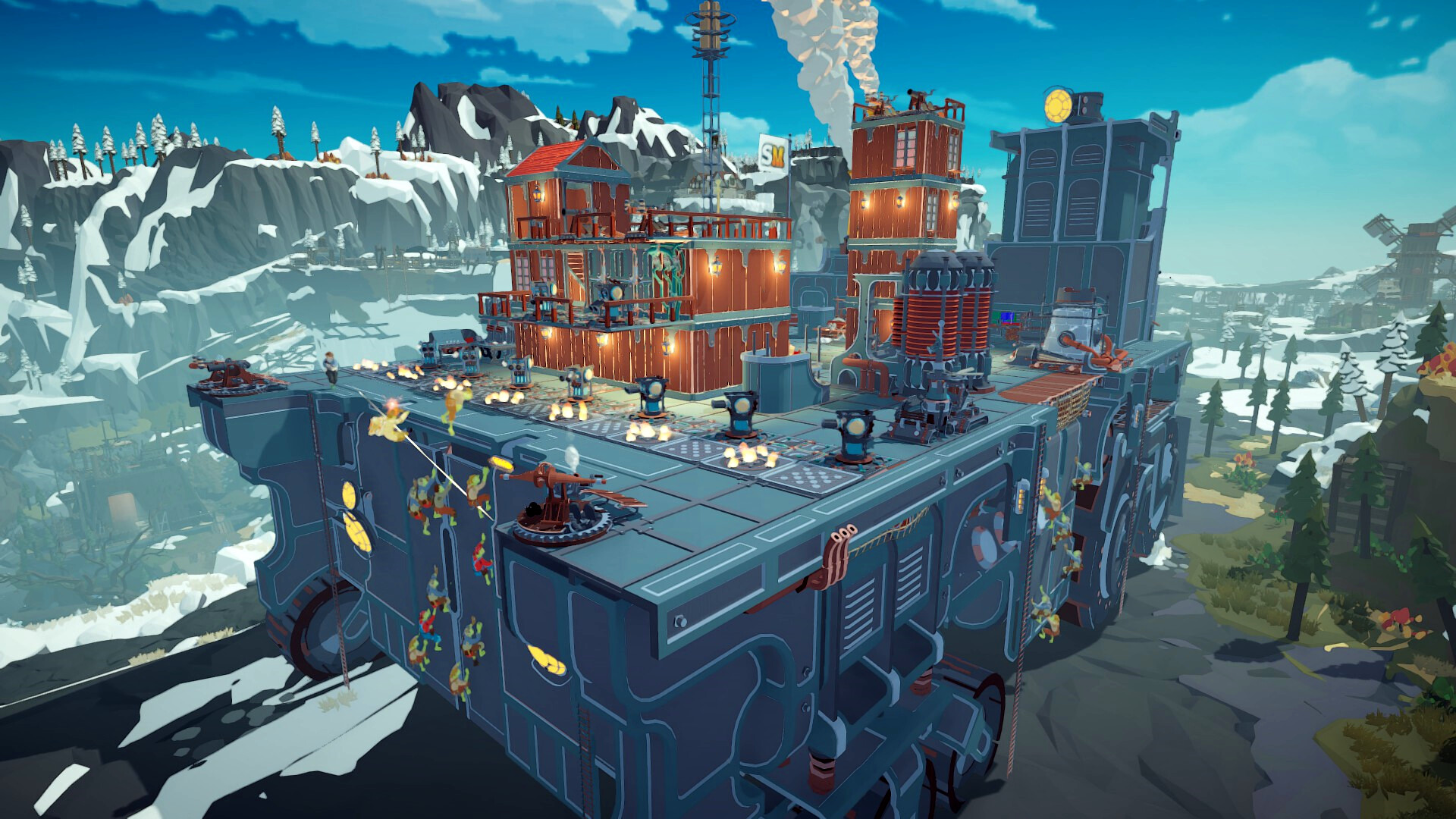 Official Survival Machine Steam screenshot showing survivors, fortifications, and combat around the moving base during a zombie attack.