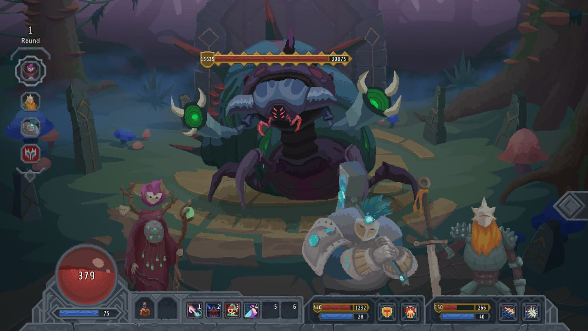 Official Lootbound gameplay screenshot showing the player party facing a large boss monster in a turn-based battle.