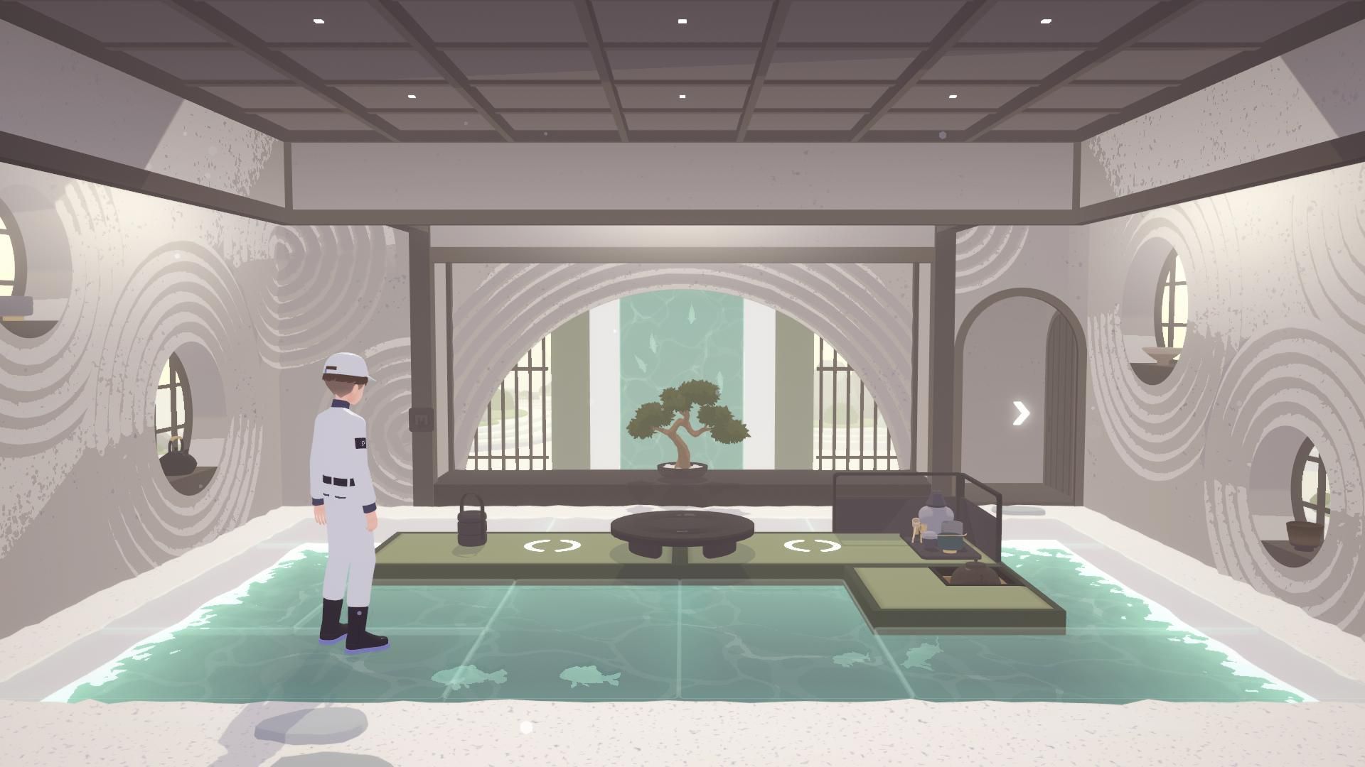 Official D-topia screenshot showing the player inside a minimalist room with shallow water, a bonsai tree, and puzzle markers.