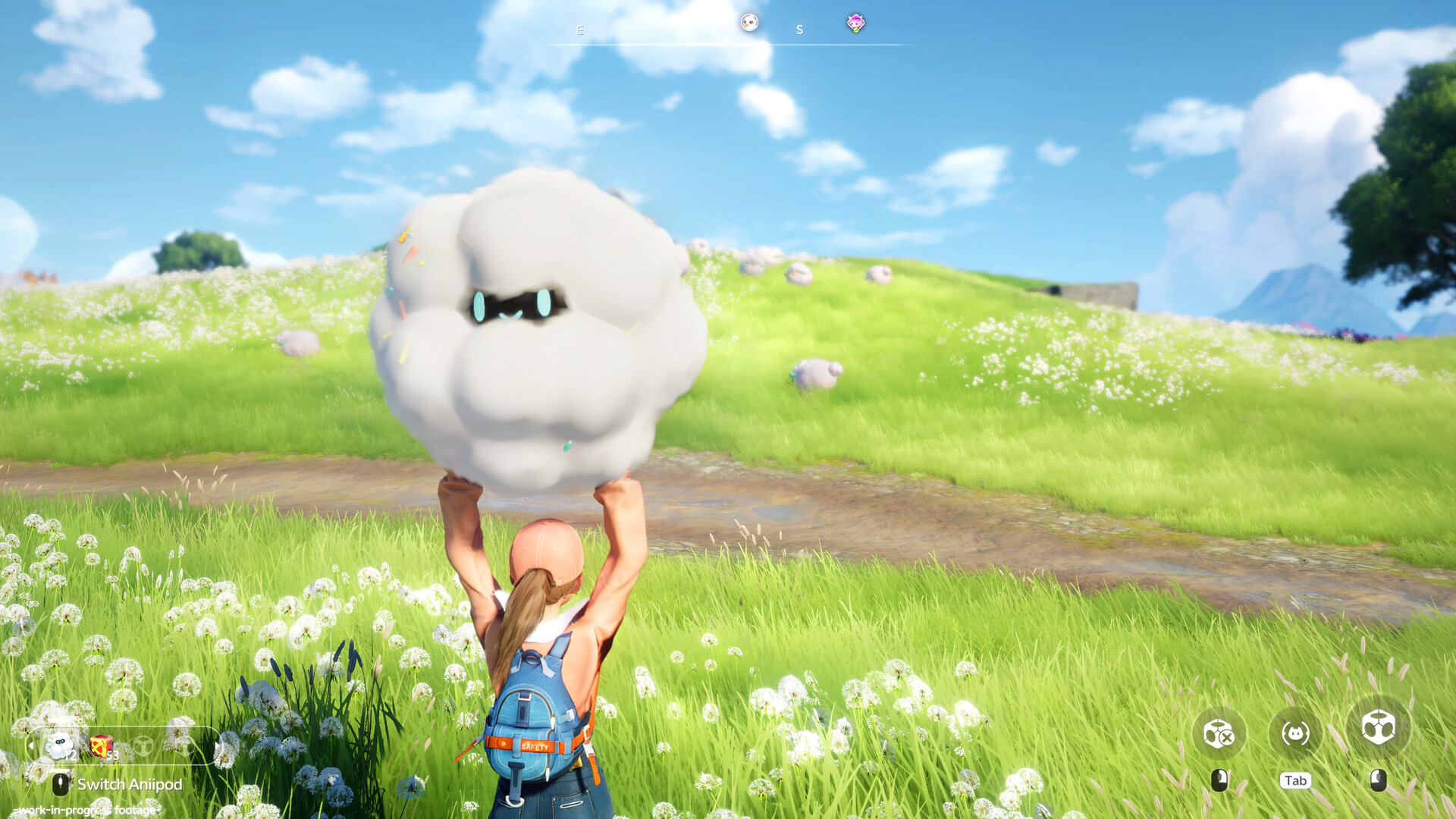 Official Aniimo Steam screenshot showing a player character with a creature companion in the open world.