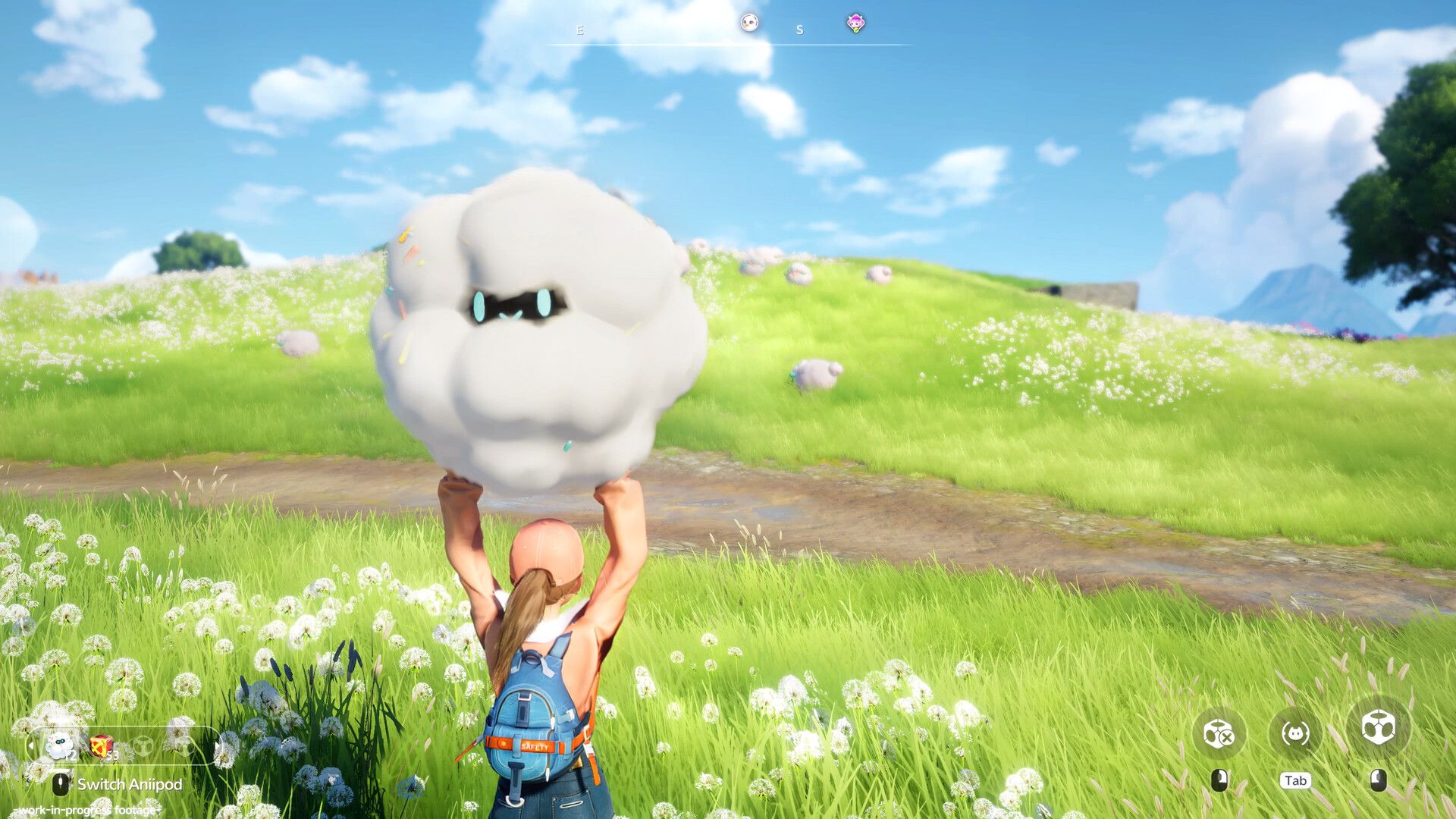 Official Aniimo Steam screenshot showing a player character with a creature companion in the open world.
