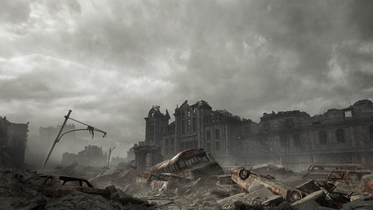 Official Resident Evil Requiem screenshot showing a ruined city environment from the demo asset set on PlayStation Store.