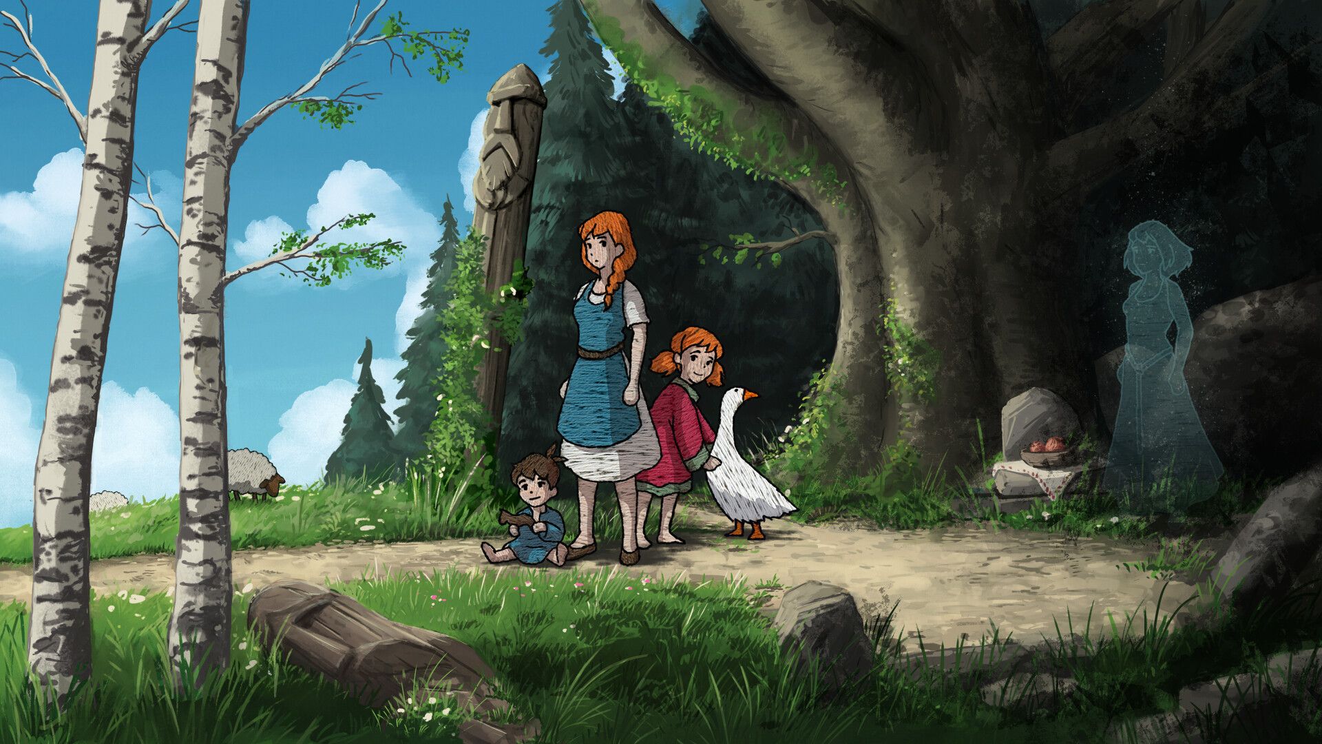 Official Scarlet Deer Inn screenshot showing the game's stitched character animation inside a dark hand-painted village scene.