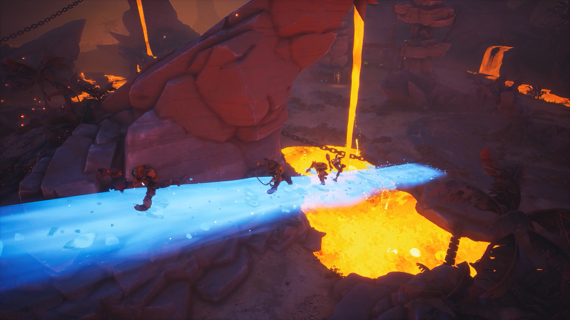 Official Far Far West screenshot showing multiple robot cowboys fighting enemies in a co-op mission.