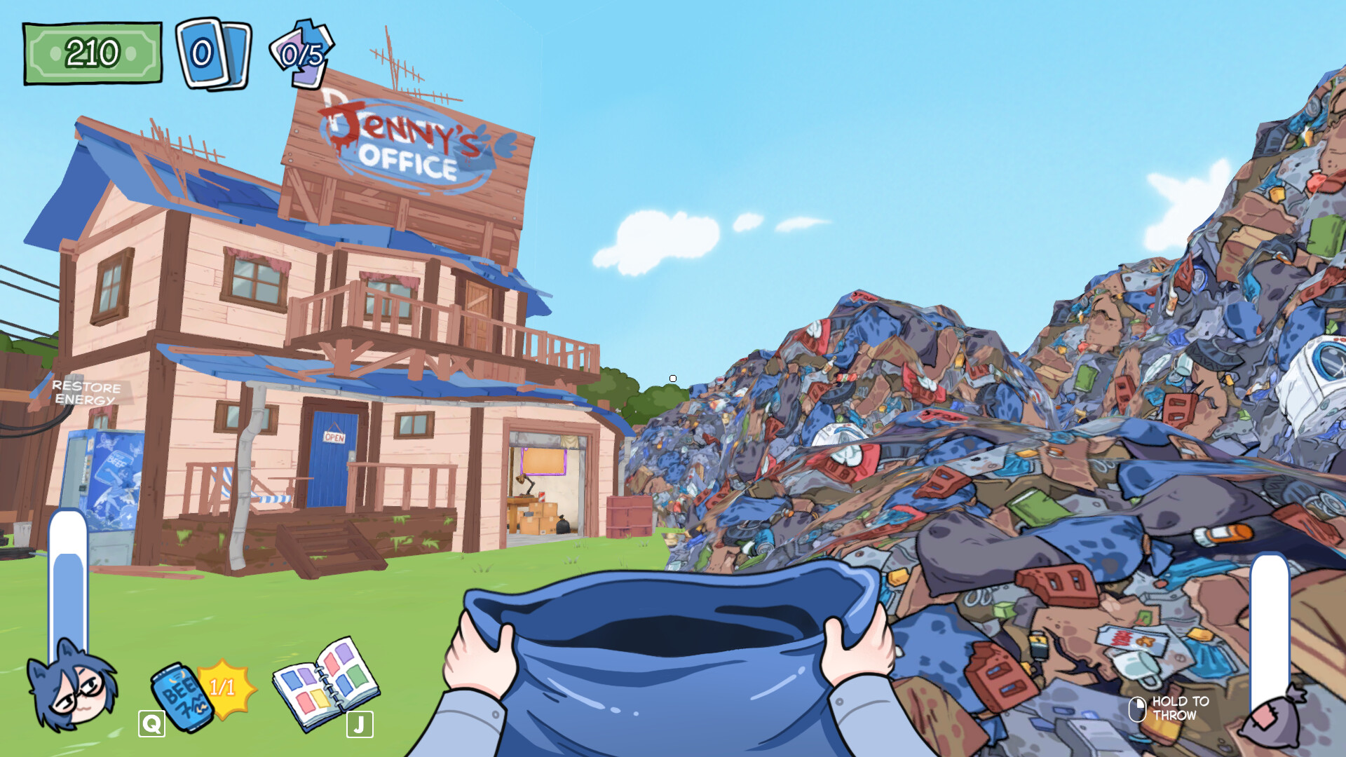 Official KOTAMON Steam screenshot showing the player searching through trash piles and collecting cards.