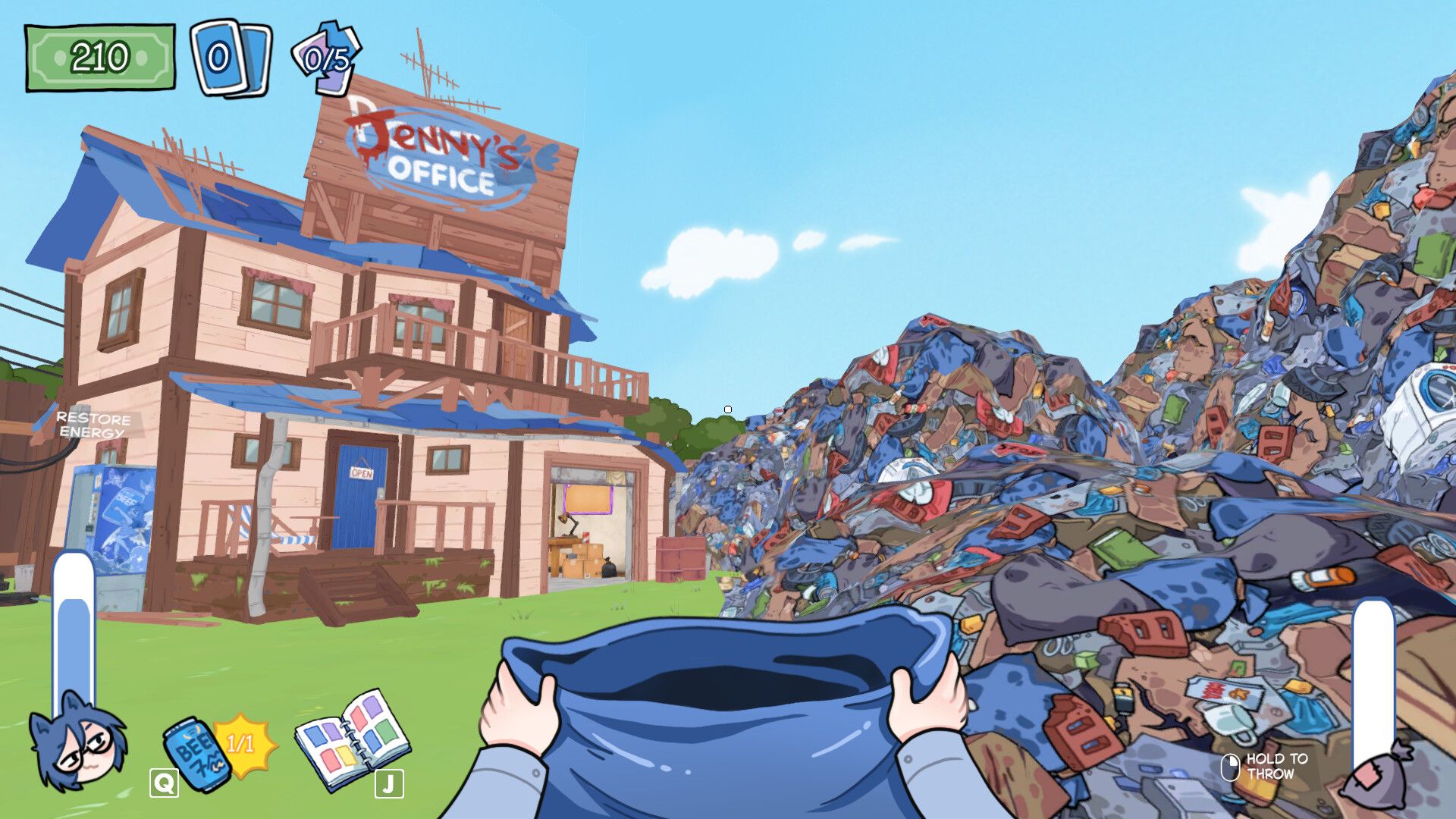 Official KOTAMON Steam screenshot showing the player searching through trash piles and collecting cards.