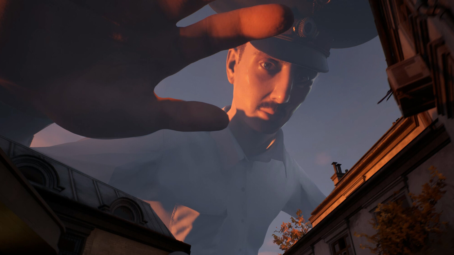 Official Militsioner screenshot showing the player moving through the town while giant authority looms overhead.