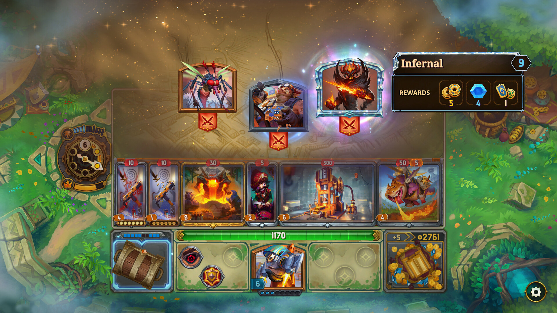 Official The Bazaar screenshot showing a board filled with combat items and effects during a run.