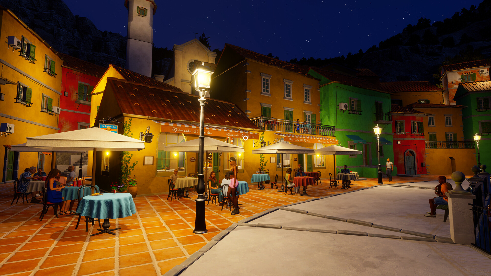 Official Vacation Cafe Simulator screenshot showing table service, kitchen work, and the game's Mediterranean town backdrop.