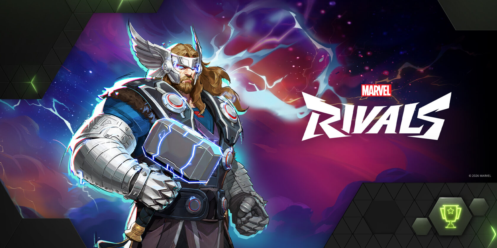 Official Marvel Rivals Thor reward artwork used as supporting imagery for GeForce NOW's April 23 service update.