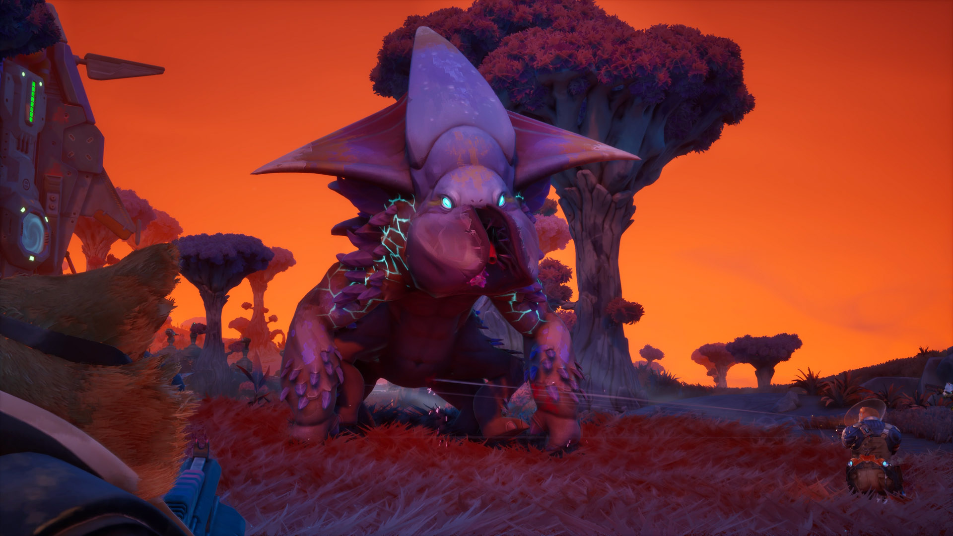 Official Gravhounds screenshot showing a large alien creature attacking the team near industrial equipment.
