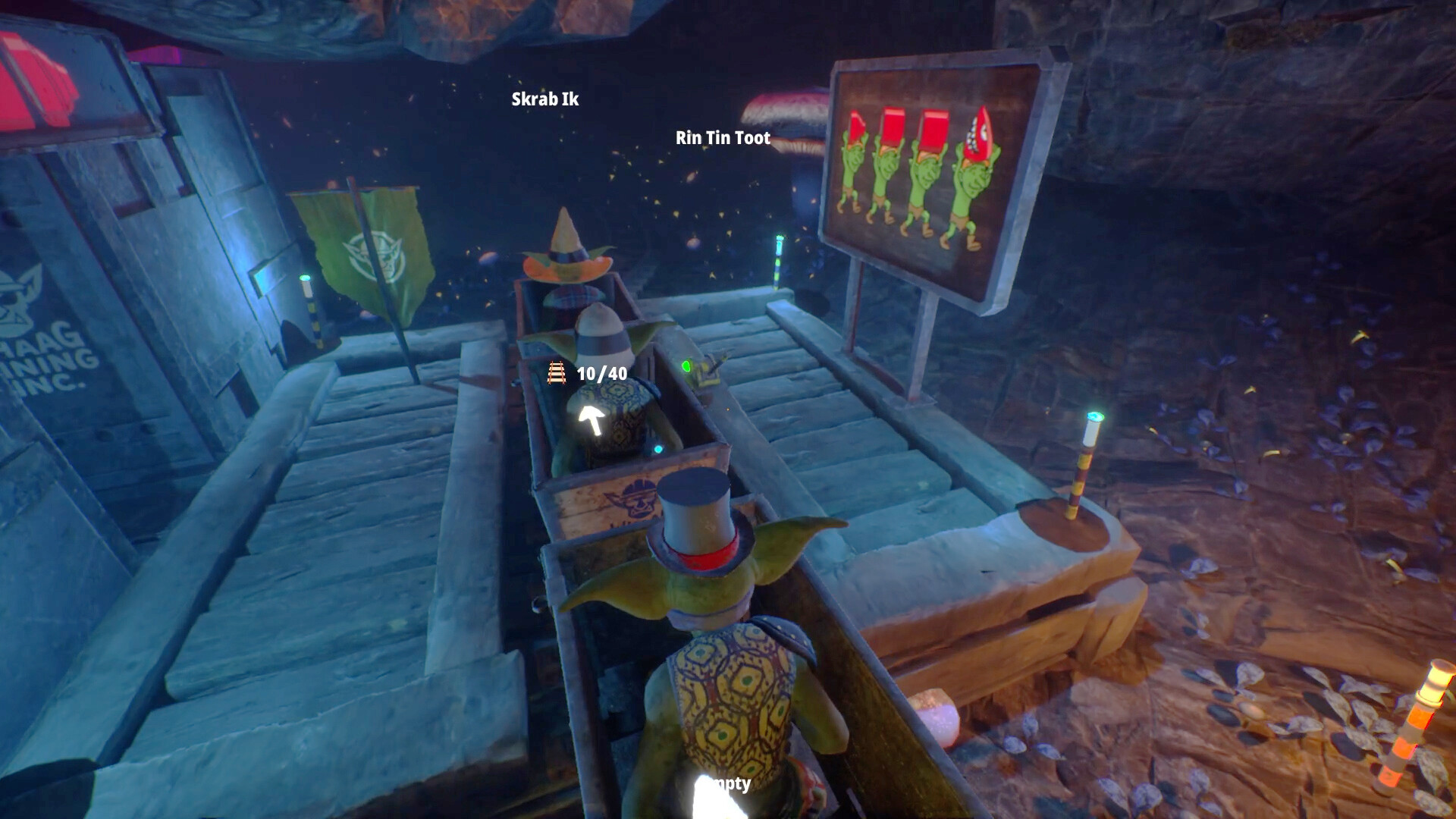Official Goblin Company Steam screenshot showing a side-view cavern run with goblins, mine carts, and enemies pressing in from the dark.