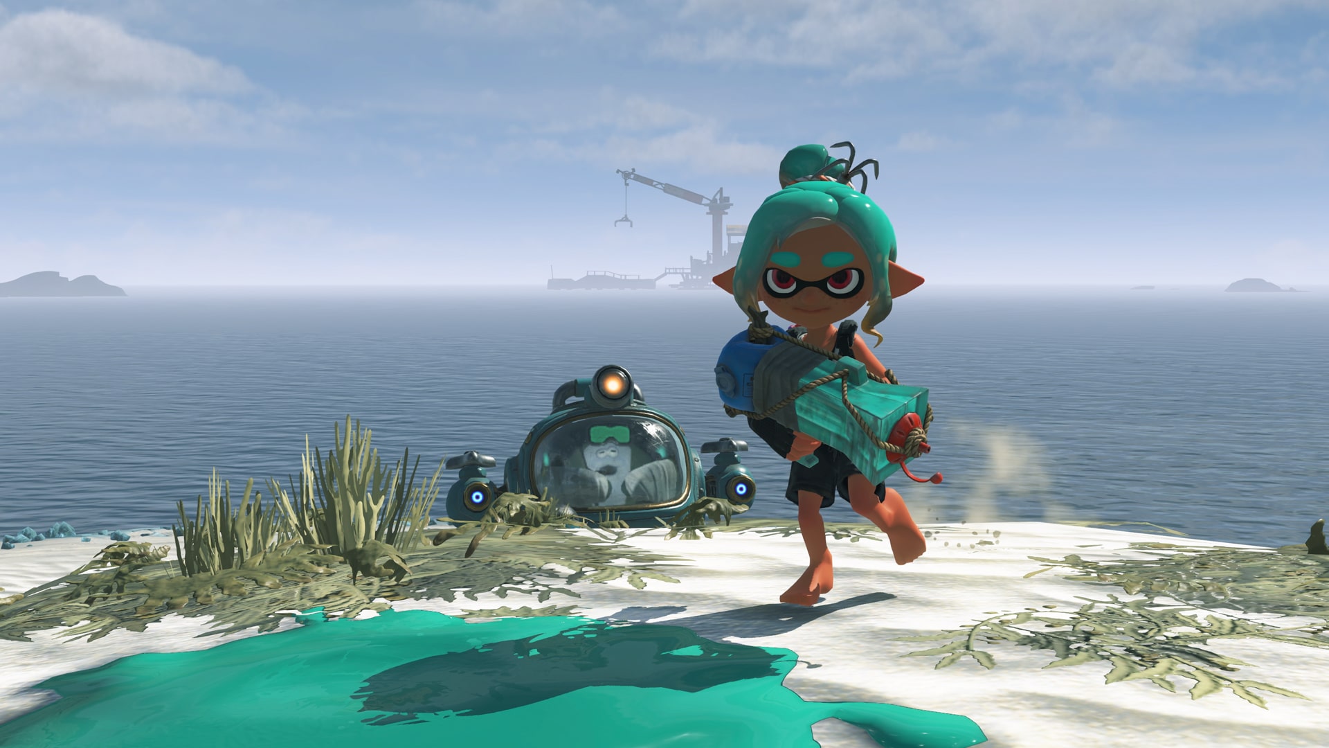 Official Nintendo Splatoon Raiders screenshot showing island traversal and combat against Salmonid enemies.
