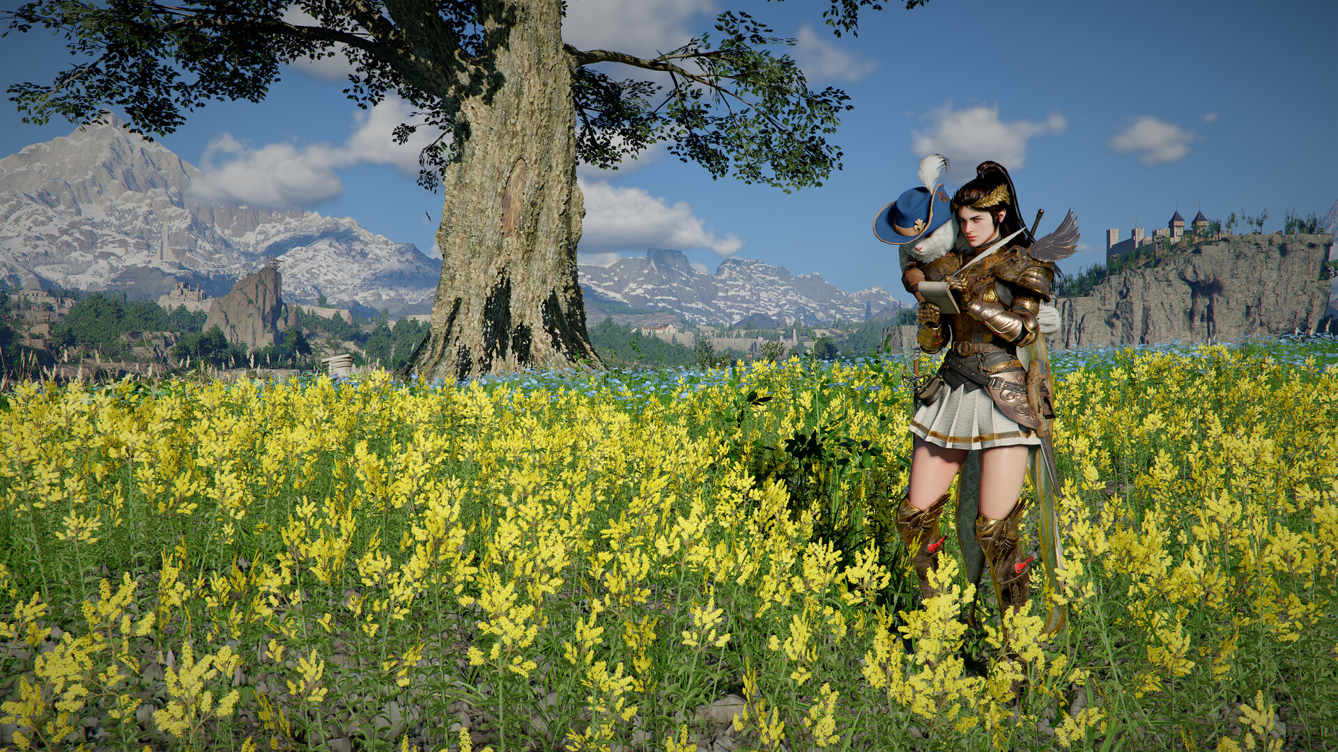 Official Crimson Desert screenshot showing a character in armor standing in a flower field with mountains behind her.