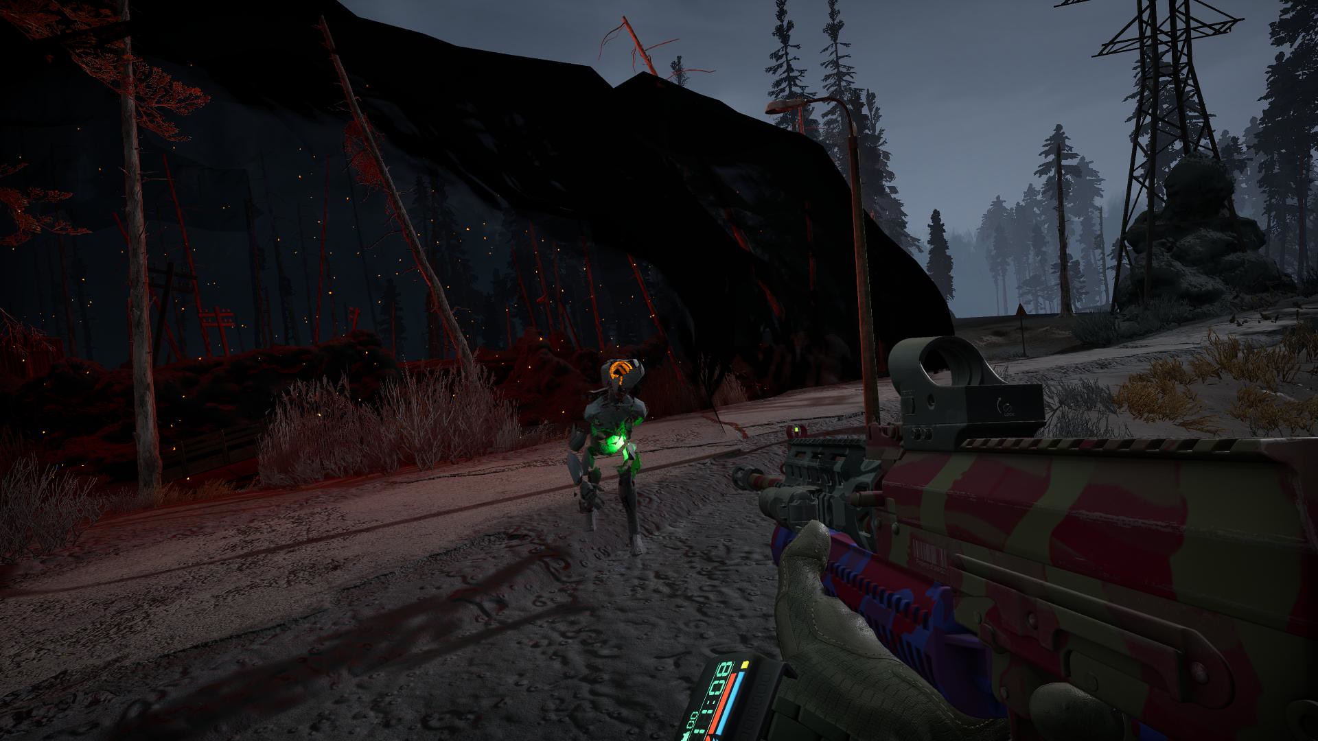 Official Into the Radius 2 PlayStation Blog screenshot showing the player aiming through a weapon sight inside a dark industrial area.