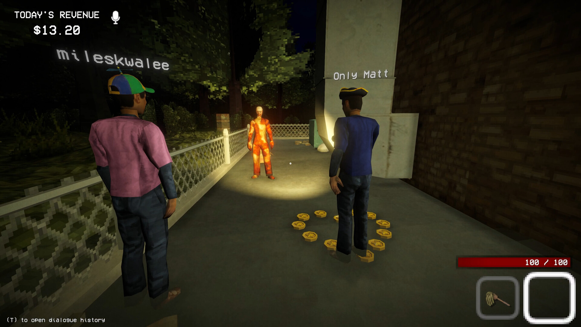 Official Shift At Midnight screenshot showing a darker defensive sequence with boarded windows, traps, and panic inside the store.
