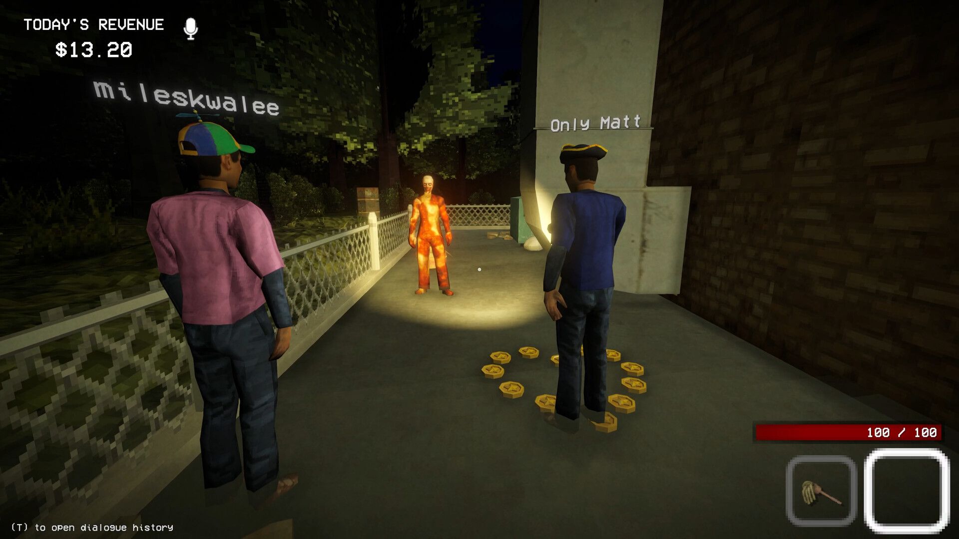 Official Shift At Midnight screenshot showing a darker defensive sequence with boarded windows, traps, and panic inside the store.