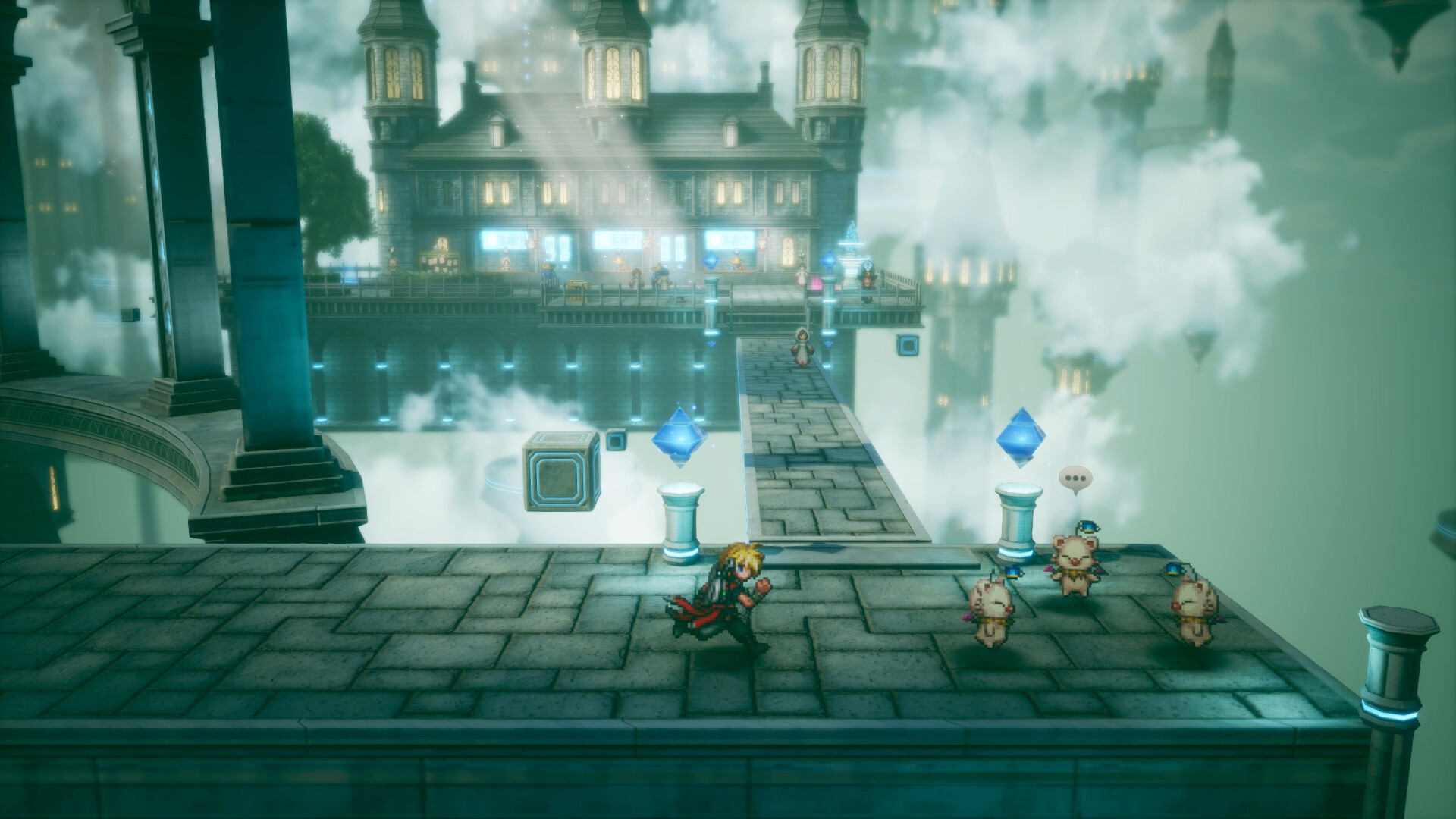 Official Final Fantasy Resonance screenshot showing the party exploring a colorful outdoor field area.