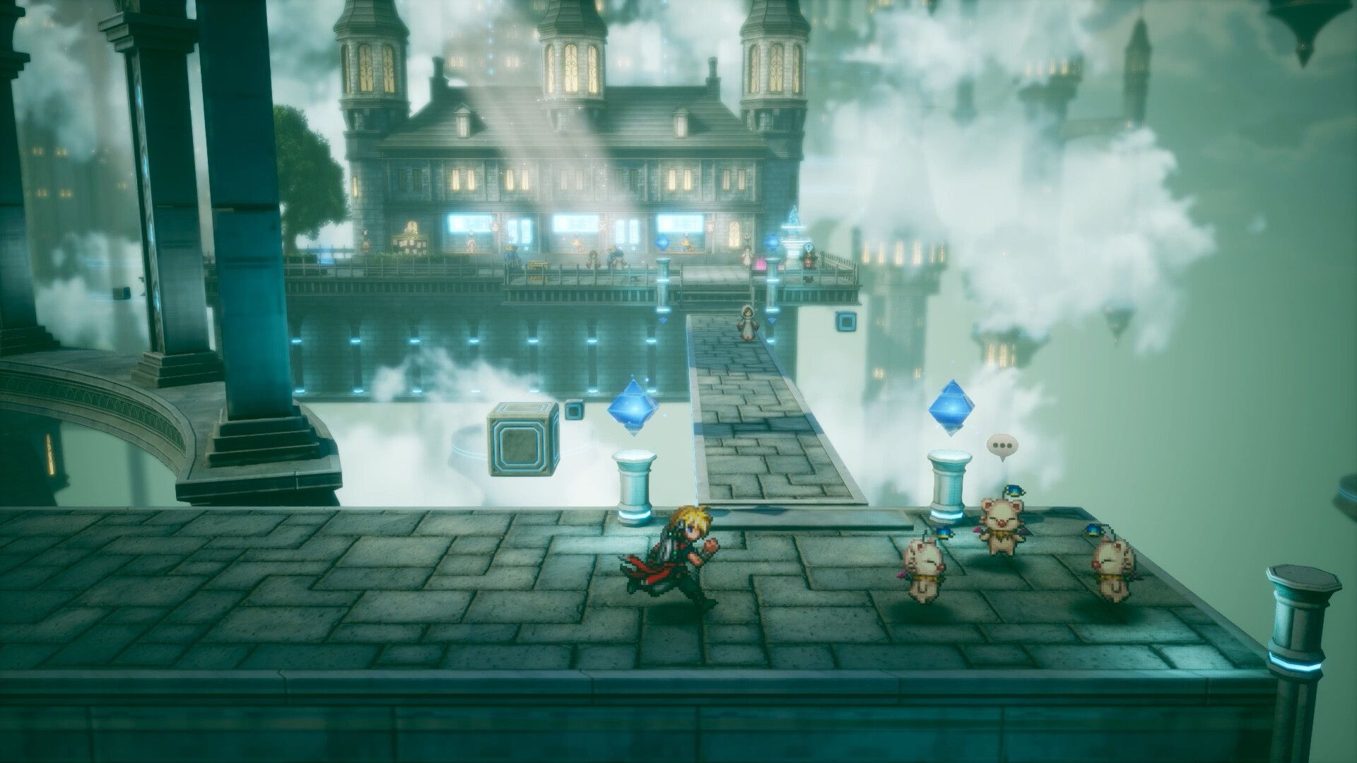 Official Final Fantasy Resonance screenshot showing the party exploring a colorful outdoor field area.