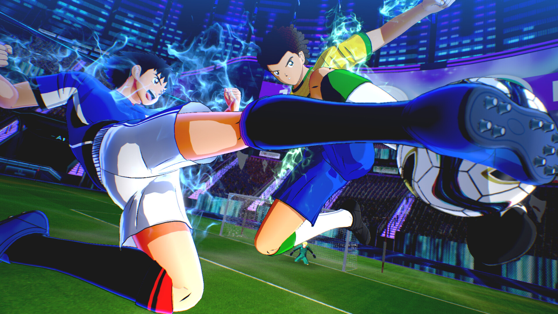Official Captain Tsubasa 2 screenshot showing a dramatic match scene with multiple players contesting the ball.