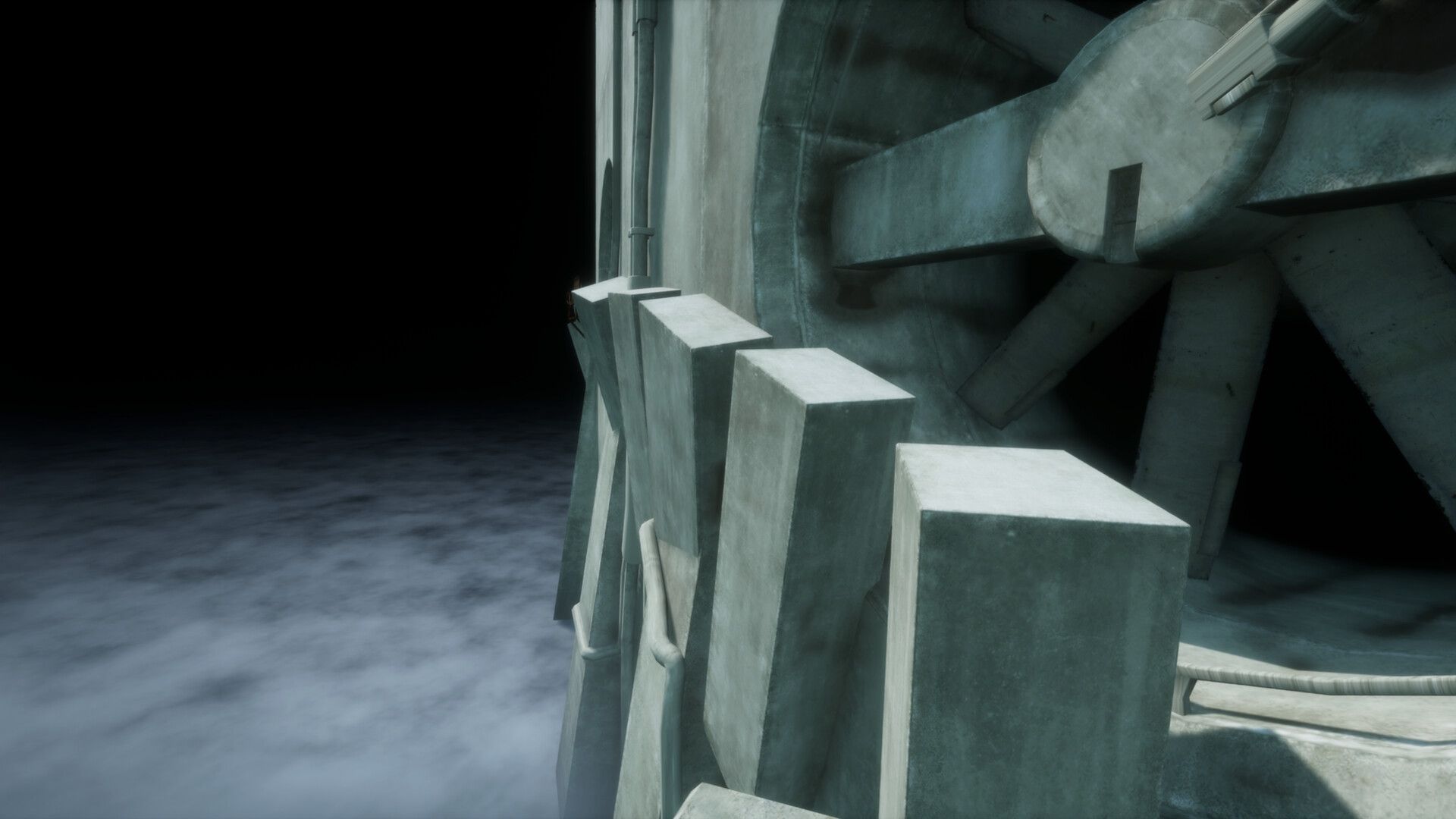Official VHOLUME screenshot showing movement through a towering gray city space.