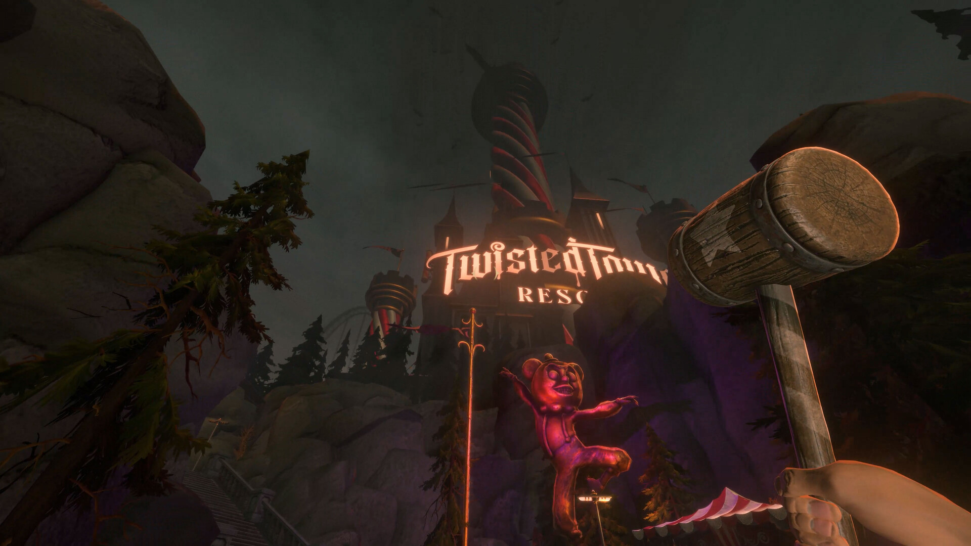Official Twisted Tower Steam screenshot showing weapon combat inside the game's stylized horror world.