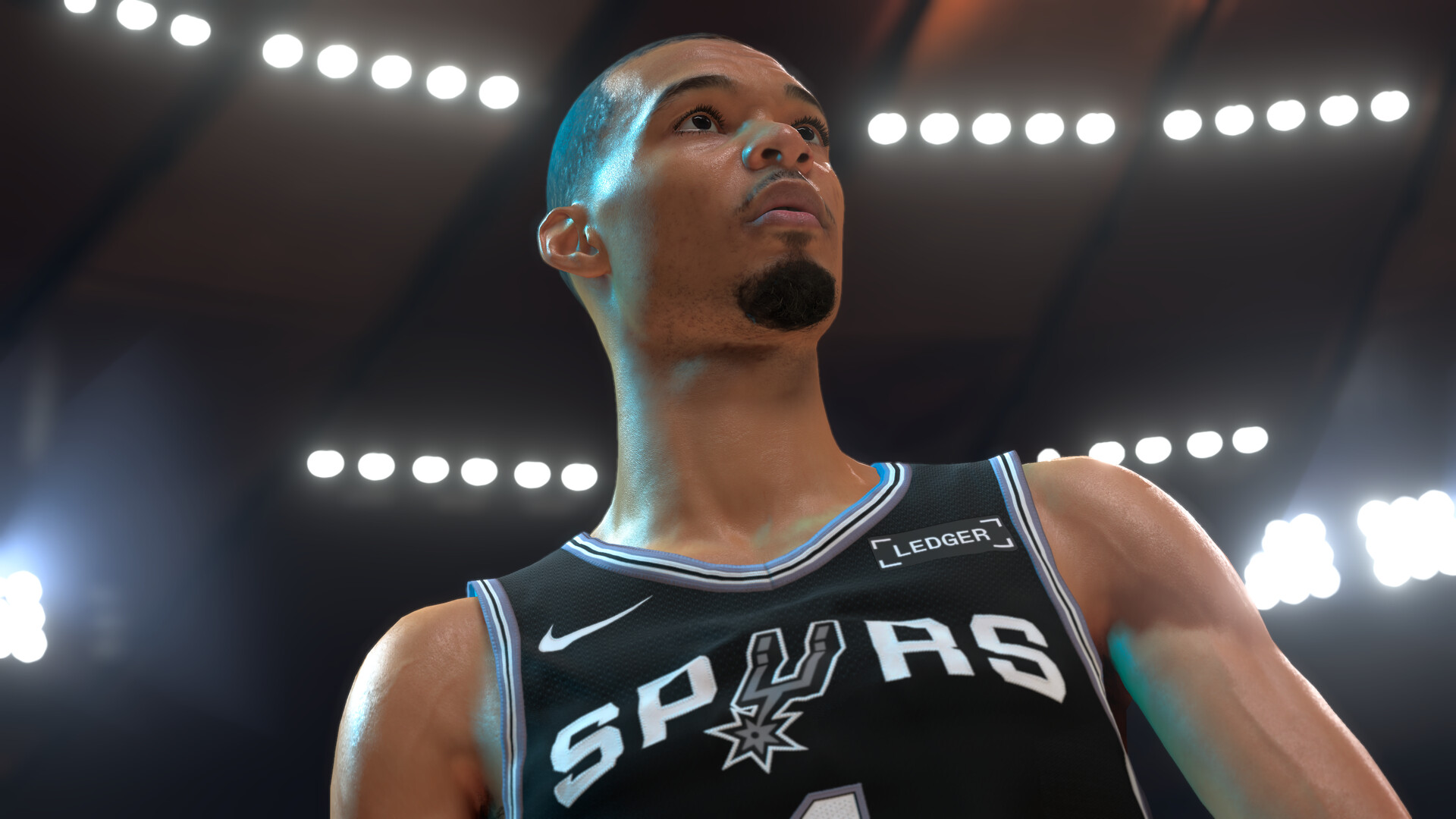 Official NBA 2K27 Steam gameplay screenshot showing an in-game half-court offensive set near the basket.