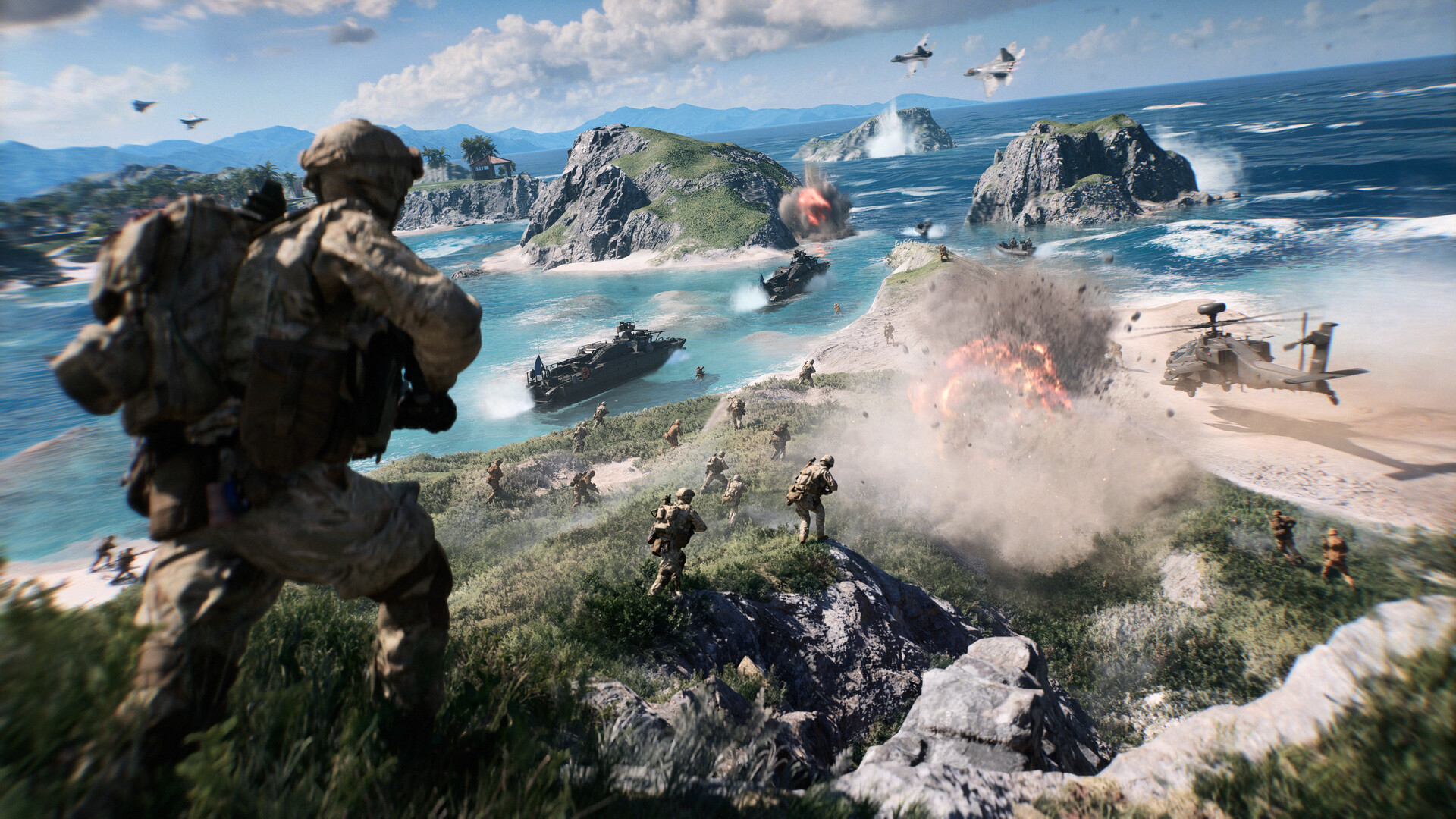 Official Battlefield 6 Steam screenshot showing aerial combat over ocean water with fighter jets and ships in view.