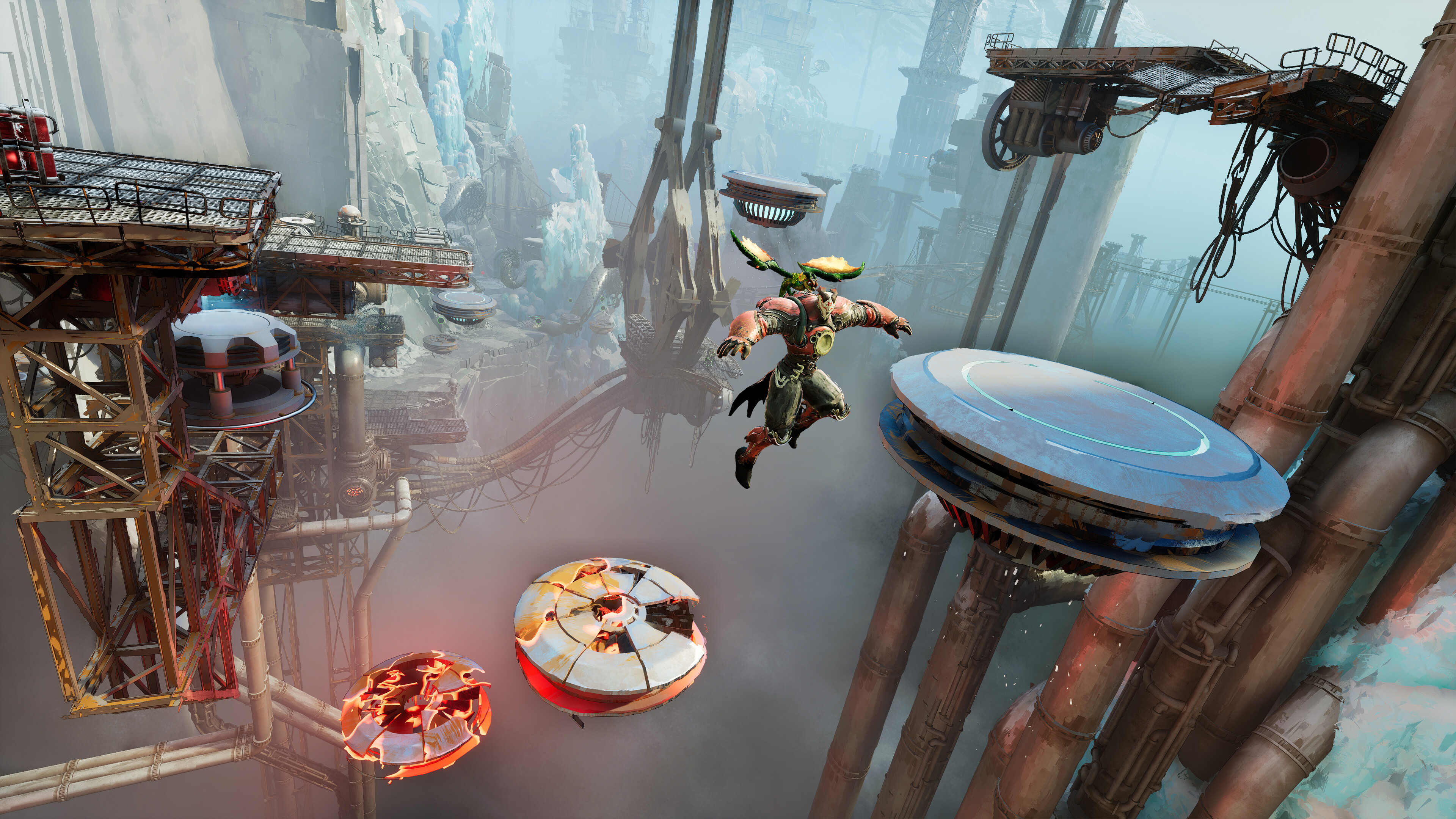 Victus jumps between circular platforms above an icy industrial area in an official Elta image.