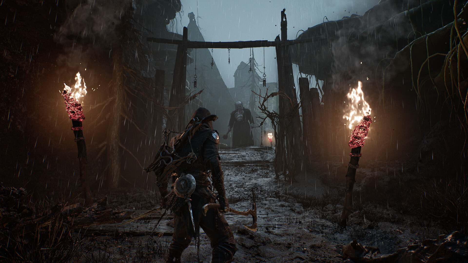 Official Mortal Shell II screenshot showing melee combat in a pale open area with multiple enemies.