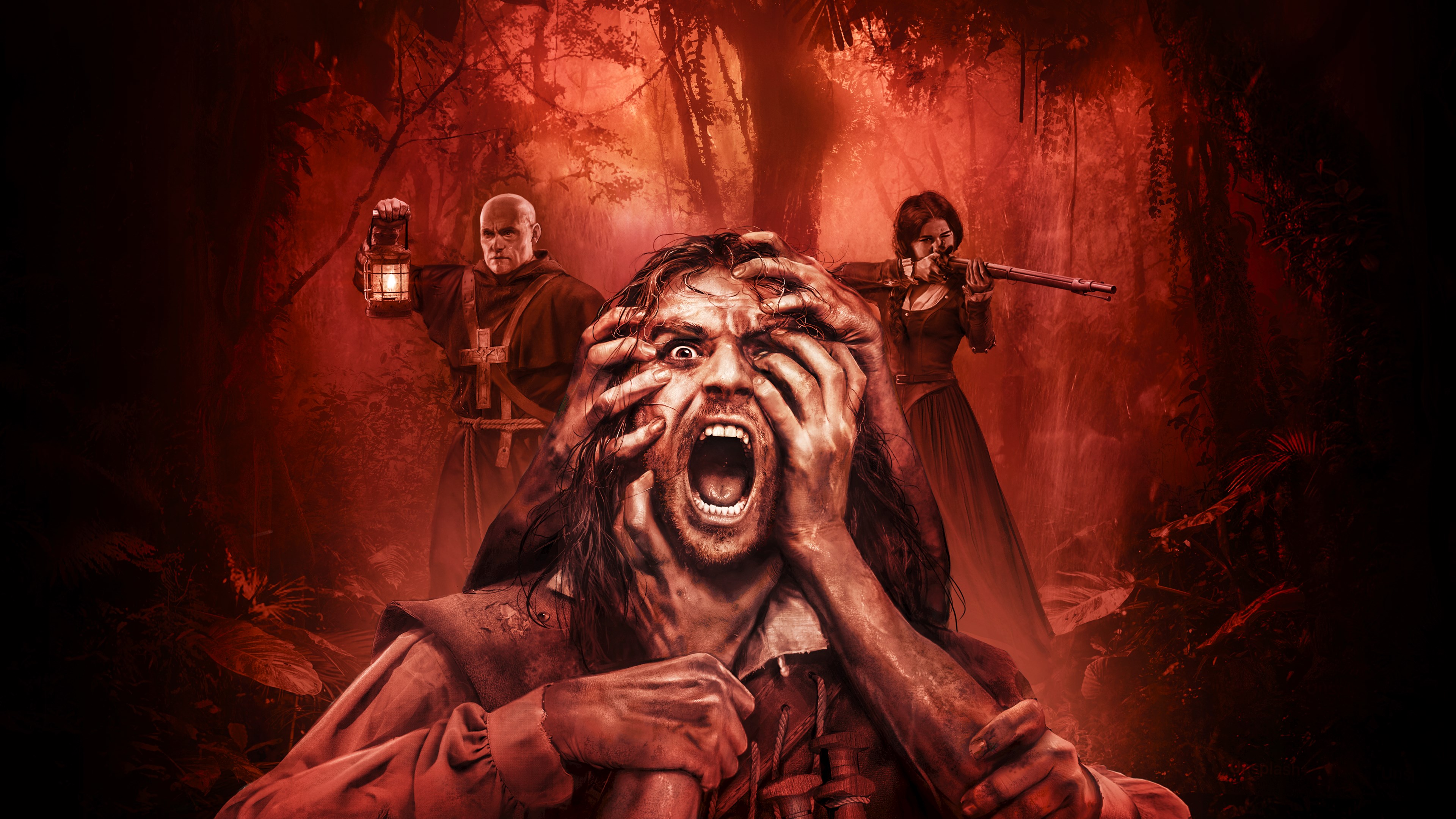Official The Mound: Omen of Cthulhu artwork showing a terrified explorer clutching his face while companions stand behind him in a red jungle.