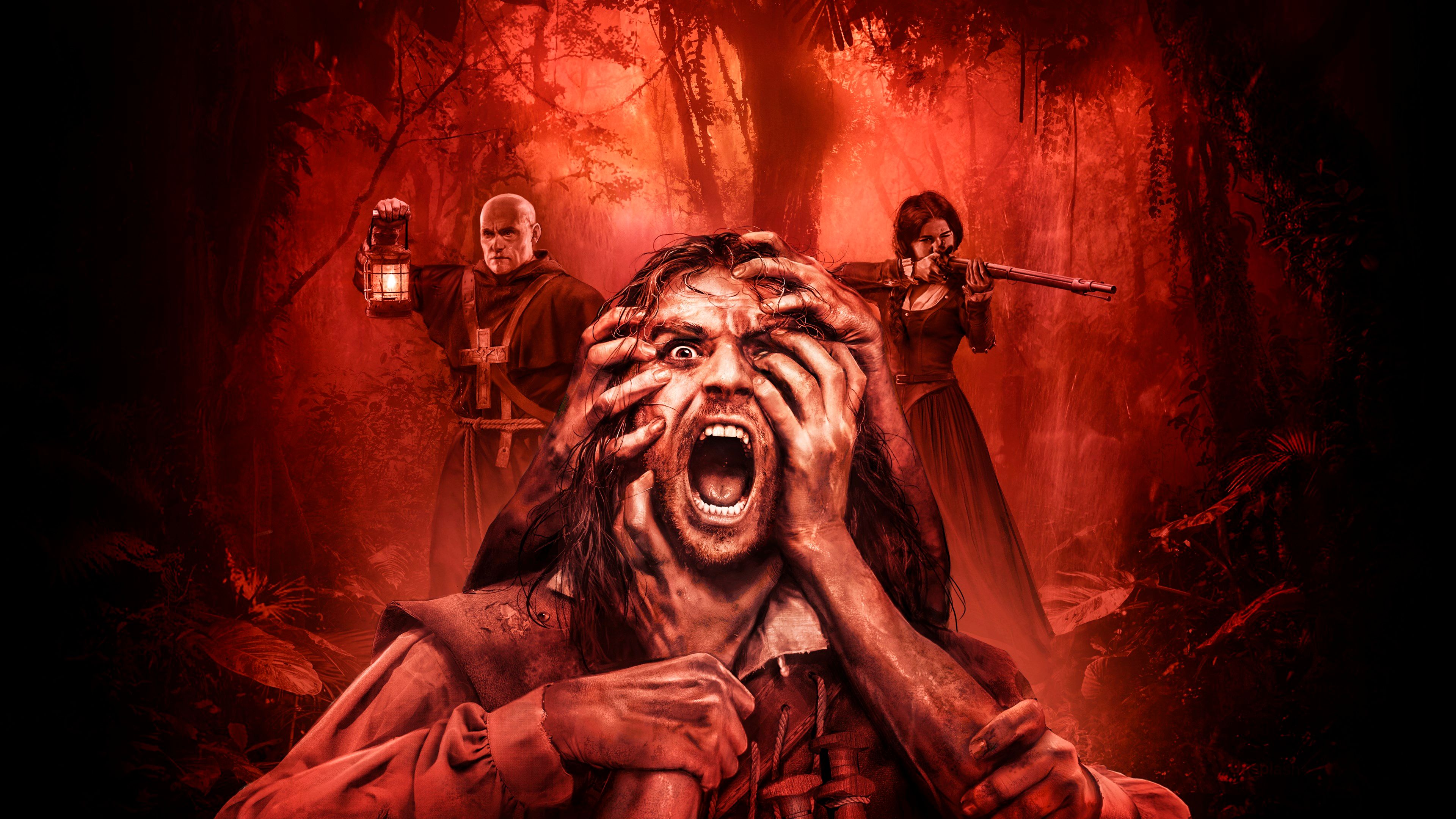 Official The Mound: Omen of Cthulhu artwork showing a terrified explorer clutching his face while companions stand behind him in a red jungle.