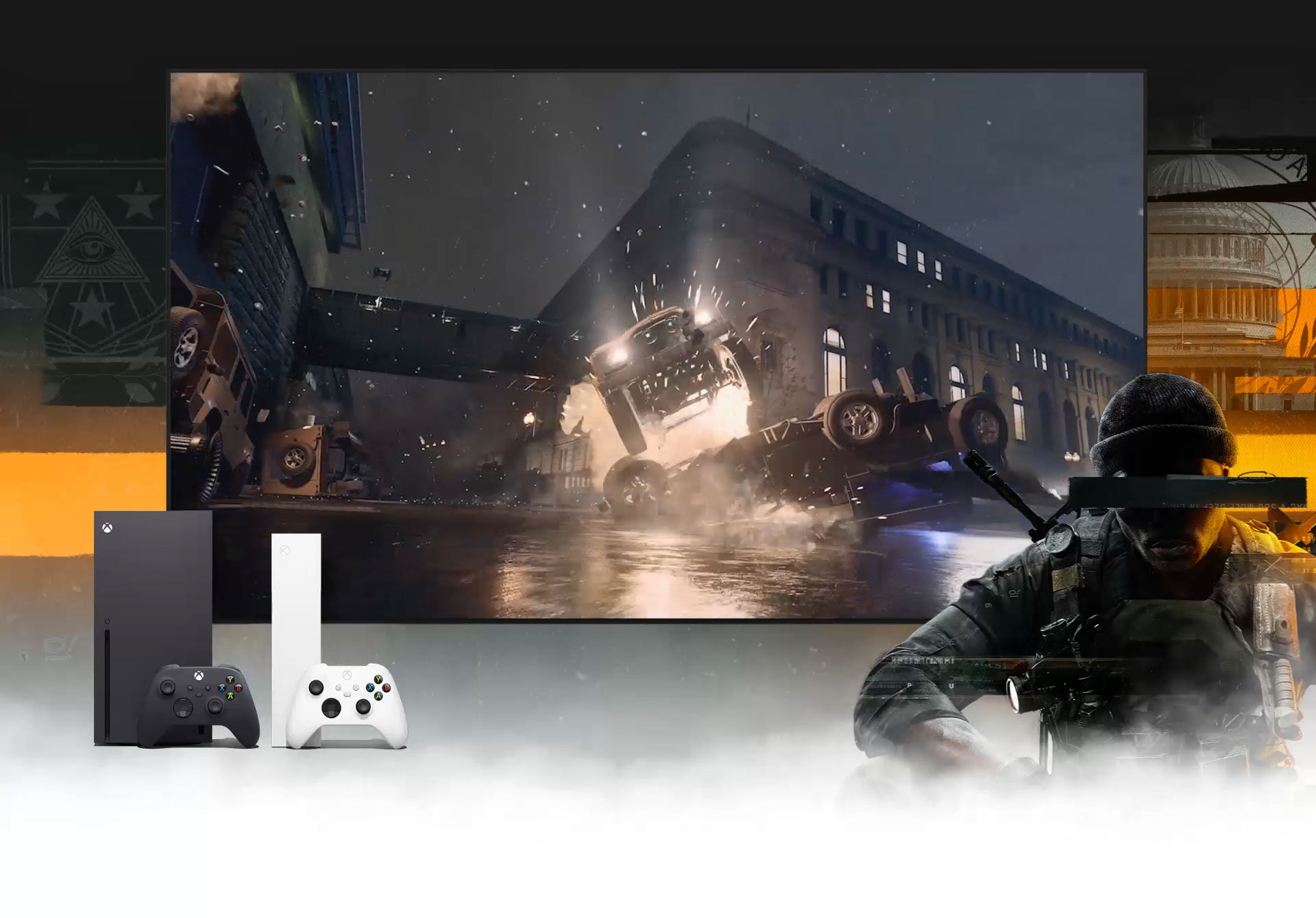 Official Xbox promotional image showing black and white Xbox consoles with controllers in front of a large TV screen.