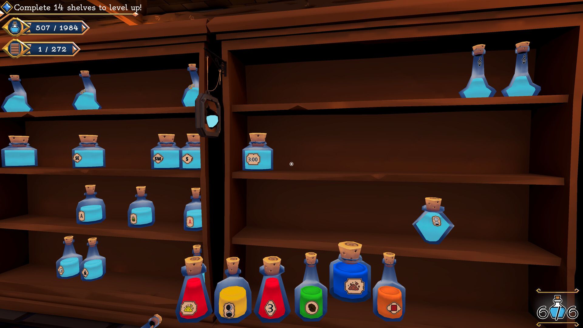 Official Shelve the Potions screenshot showing different potion bottles on shelves with symbol, compass, and time-style clue labels.