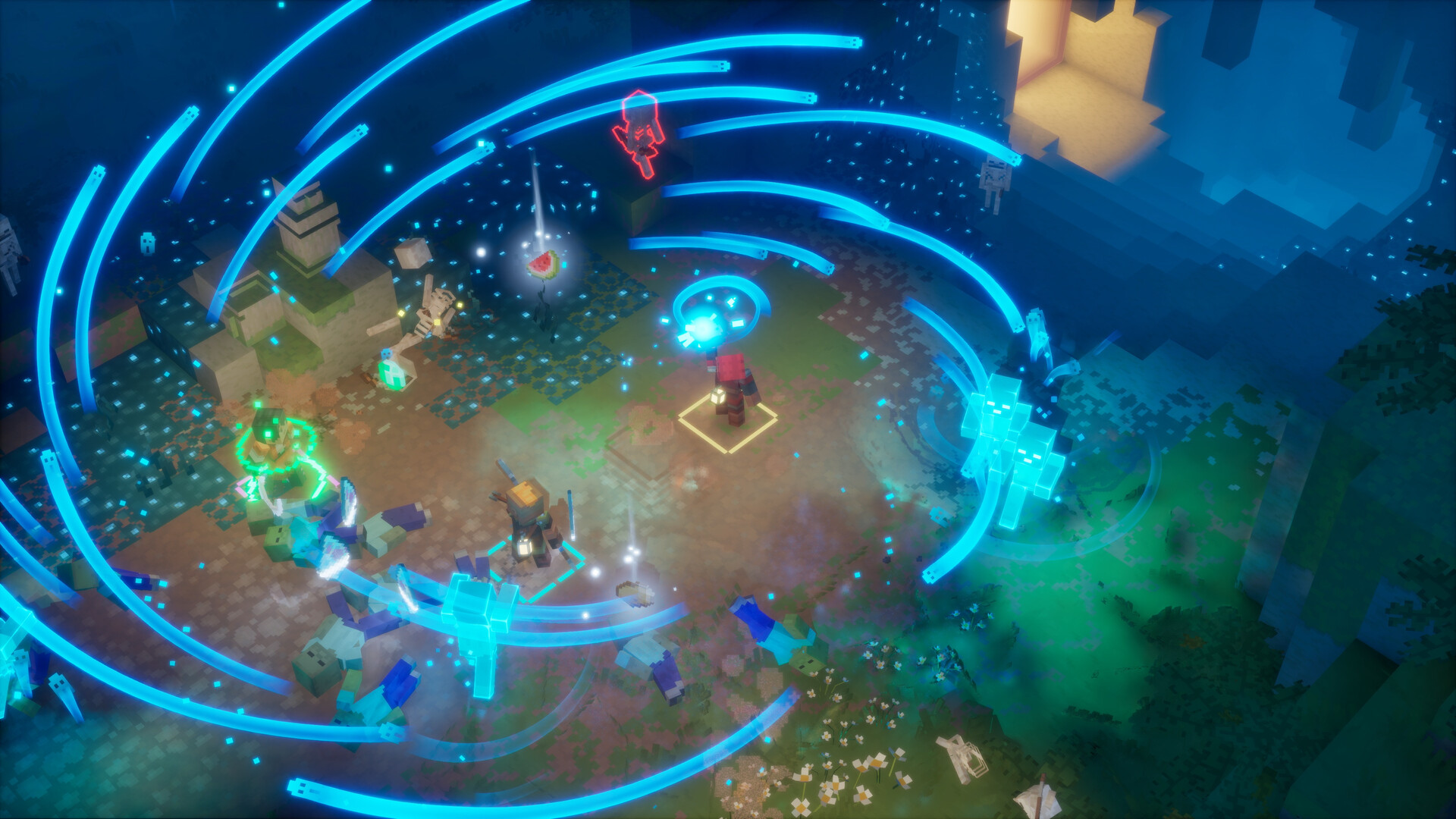 Official Minecraft Dungeons II screenshot showing a party fighting through a darker enemy-filled area.