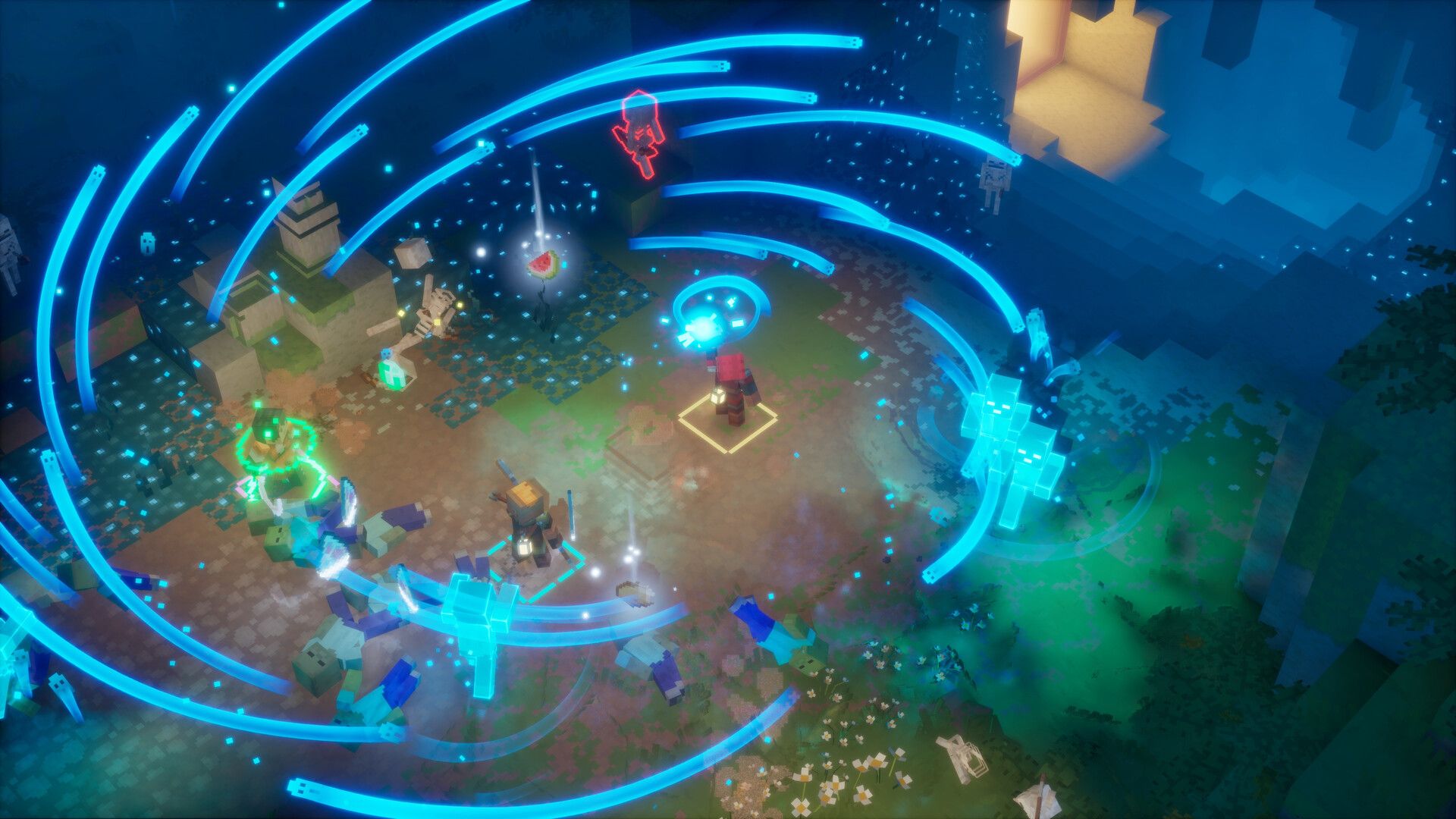 Official Minecraft Dungeons II screenshot showing a party fighting through a darker enemy-filled area.