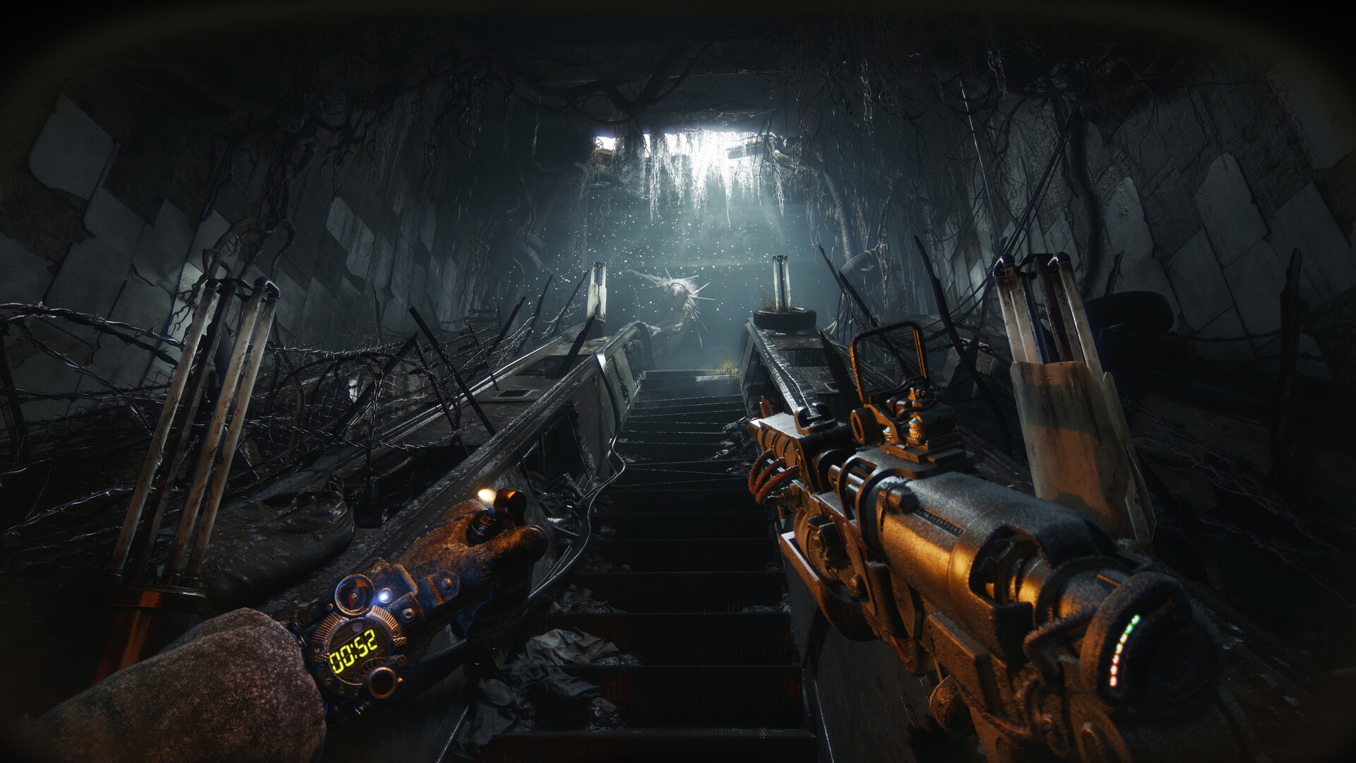 Official Metro 2039 screenshot showing ruined Moscow streets and damaged buildings.