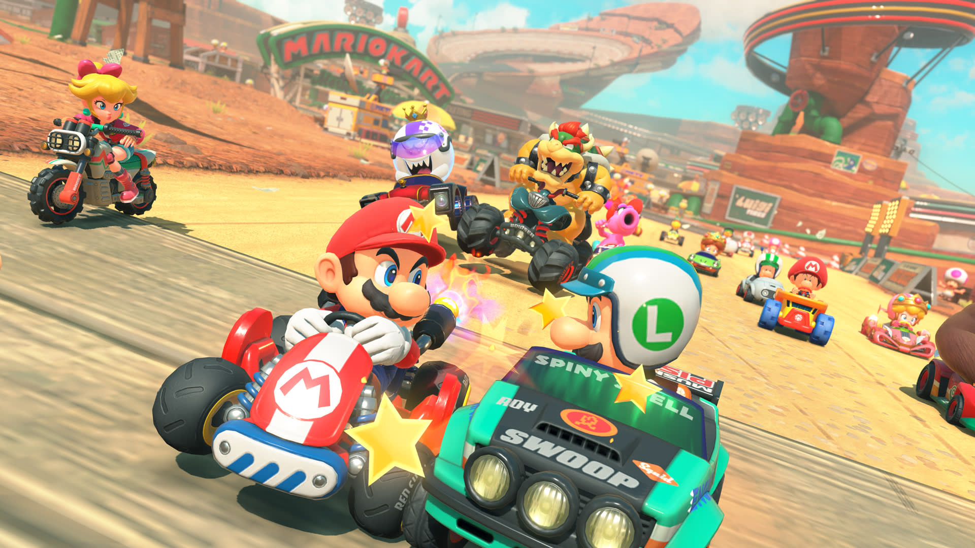 Official Nintendo gameplay image from Mario Kart World showing racers on a bright open road course.