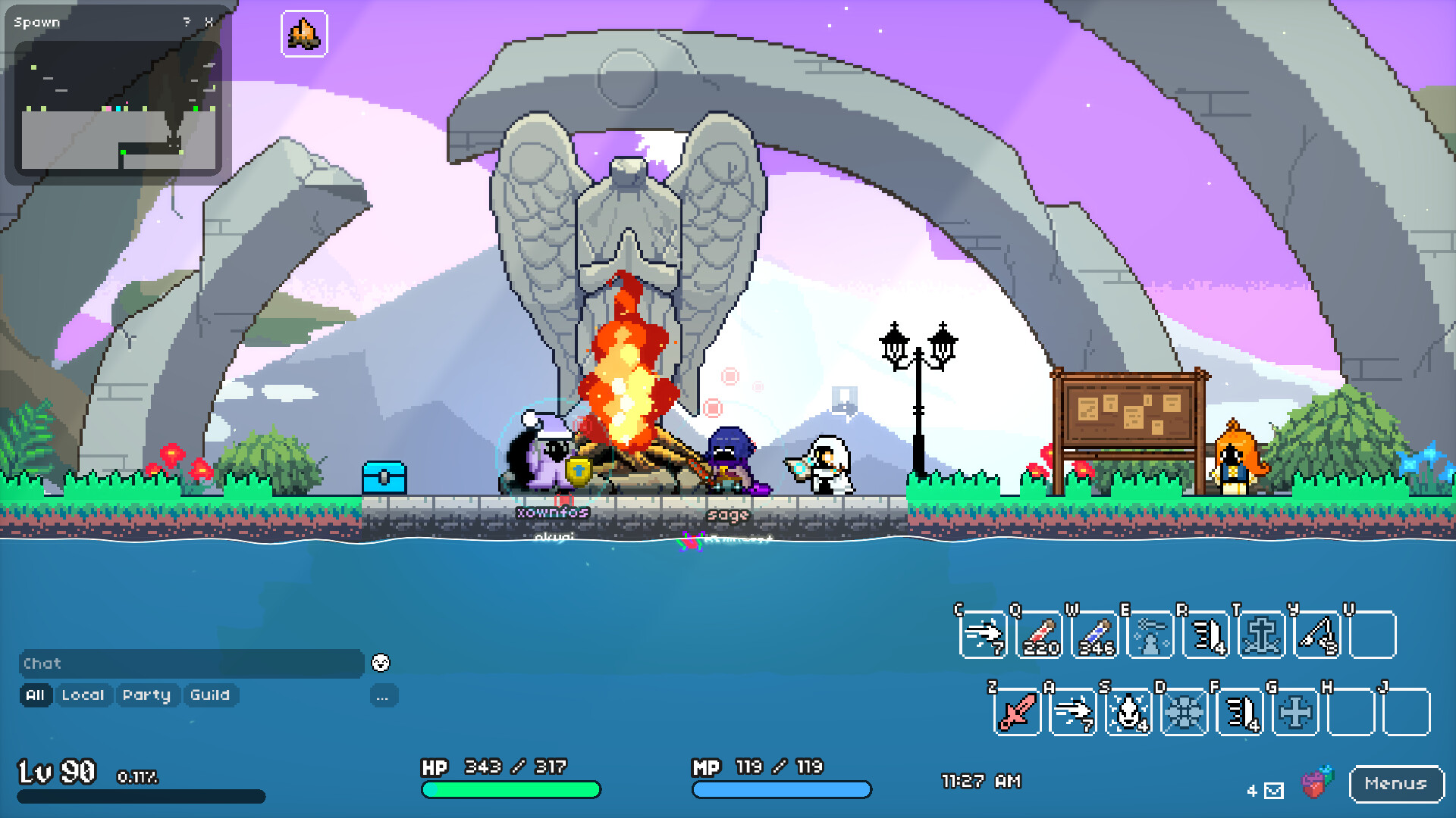 Official Soul's Remnant screenshot showing multiple characters gathered near the spawn campfire and social hub.